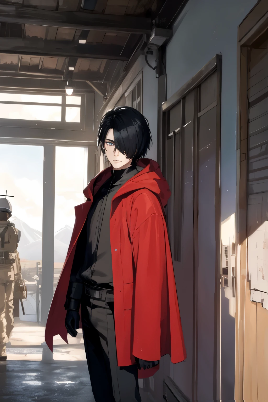 Mards,mine、hood, 2boys,stands on passageway,inroom, male focus, black hair, solo, gloves,red cloak,Remains,mars,sf,science fiction,Cloud of dust,hair over one eye,contrast,haloeffect,military personnel,realistic ,sf,blue eyes
