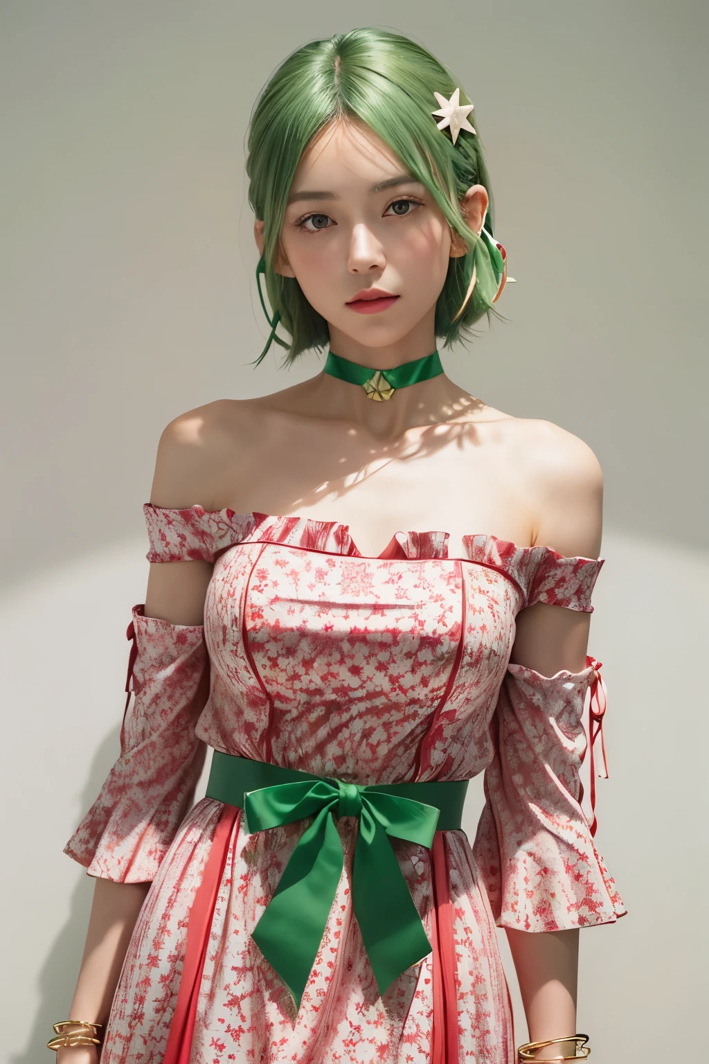 (8K, top-quality, masterpiece:1,2), (reallistic, Photorealsitic:1.37), Super Detail, One girl,), (Highly detailed), (beautifully detailed eyes), (of the highest quality), (super detailed ), (masterpiece), (Detailed face),20yr old, ,1 girl, full body, pink hair,Very short hair, medium breasts, clothed, Perfect Lighting, looking at viewer,
BREAK ([star-sharped] hair ornament:1.4),[[moon-shaped earrings:1.3]], (golden bracelet:1.3), wind lift,
BREAK (red and [[[white]]] theme:1.5), (summer maxi red frilled dress:1.5), ([[white snowflake-printed]] on dress:1.4), (bare shoulder:1.4), (detached sleeves:1.3), (fur-trimmed_capelet), (fur-trimmed_dress:1.2),
BREAK (green theme:1.3), (green choker with ribbon:1.3), (green hair ribbon:1.2), (green belt:1.3), (green ribbon on green belt:1.5),