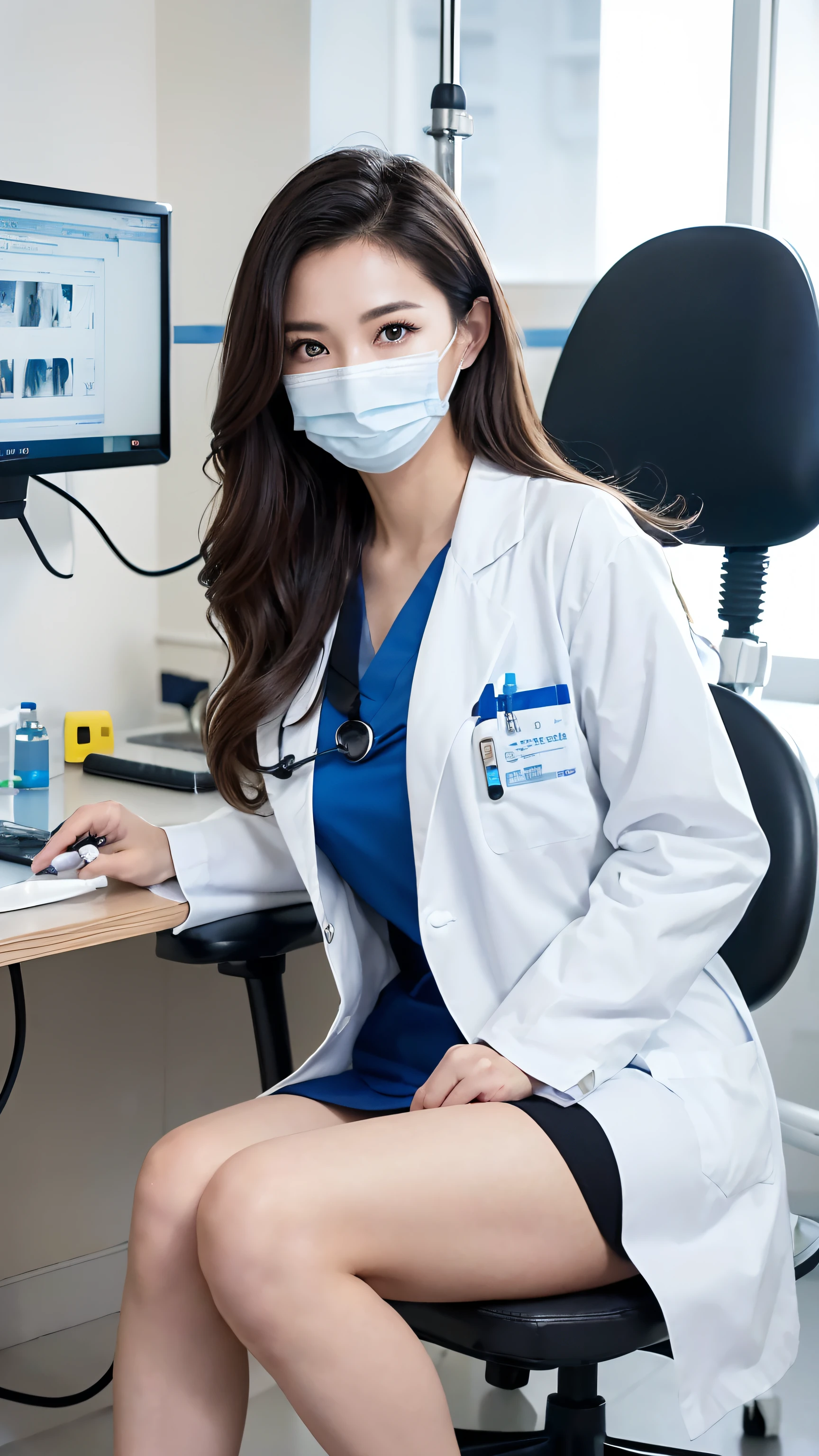 (((Beautiful dental hygienist)))、(((Appearance during treatment)))、medical mask、((Don't wear panties)), (((Leaning forward to look into the patient)))、(((Independent lab coat)))、(8K、top-quality、masterpiece:1.2)、(reallistic、Photorealsitic:1.2)、 Phenomenally cute girl、18year old、(((Neat and clean lab coat)))、(((Hmm.)))、独奏、hospitals、sit on a chair with one's legs crossed、watching at viewers、(sit a chair:1.5)、(((Hospital Patient Rooms)))、Chest that looks like it's going to burst、Fine and beautiful eyes、)、(Dark blonde hair:1)、(Mature:1.1)、skirt by the, Nurse lab coat, Black stockings, A dark-haired, bblurry, blurry backround, knee high, Ro Black Pumps, life-like, length hair, s lips, Brown-eyed, Black socks, Onepiece, Accept the phallus from behind、 looking to side, masterpiece, top-quality, ultra-detailliert、Inviting eyes、