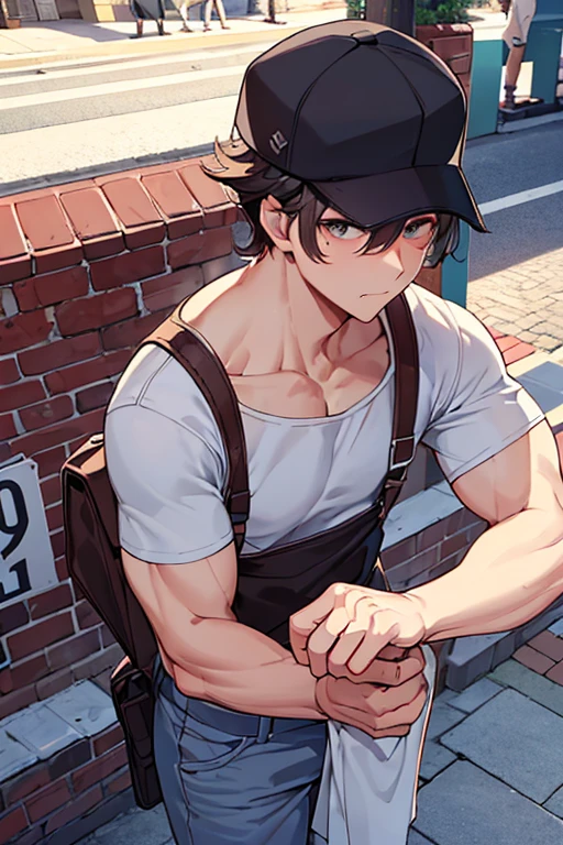 male people、38 years、manly、Hats、Have muscles、In the street、up of face、neat face、The upper part of the body、sigh、