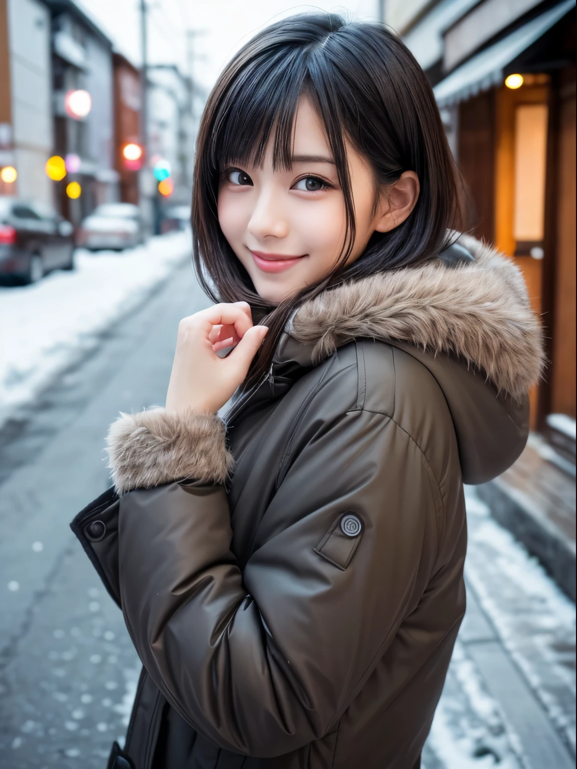 (8k, RAW photo, best quality, masterpiece, ultra detailed:1.2),(realistic, photo-realistic:1.4), (extremely cute Japanese idol:1.2), 20 years old, (detailed skin, detailed face, detailed hands: 1.2), sharp focus, SIGMA 85mm f/1.4., depth of field, blur background, bokeh, cinematic lighting, soft light, pale skin, brown eyes, naughty smile, seductive, kawaii, looking at viewer, short straight black hair, gray parka, winter coat, random pose, urban town, winter