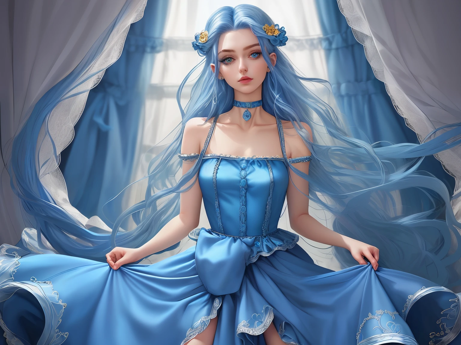 Best quality at best, masterious, detailed hair, A high resolution, (((Itching))) ,choker necklace, hair adornments, (pretty face), a blue dress, looking at viewert, Blue hair, Permanent, (Above the waist),Medusa