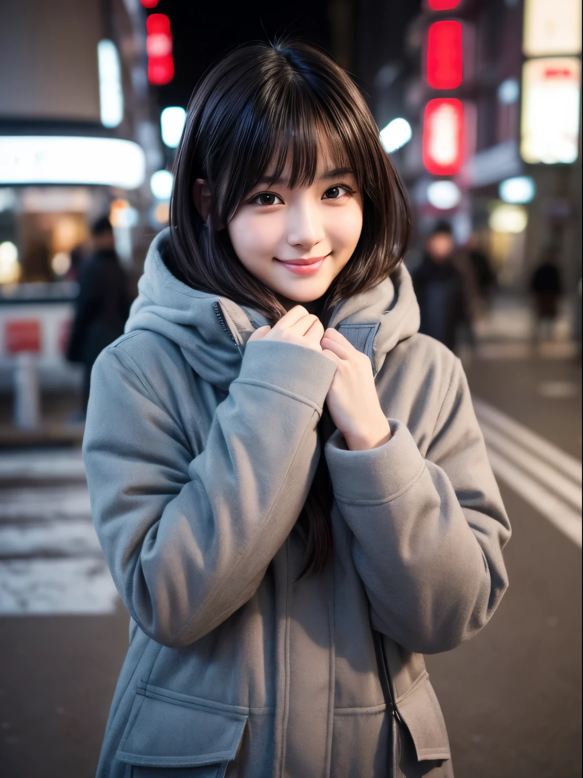 (8k, RAW photo, best quality, masterpiece, ultra detailed:1.2),(realistic, photo-realistic:1.4), (extremely cute Japanese idol:1.2), 20 years old, (detailed skin, detailed face, detailed hands: 1.2), sharp focus, SIGMA 85mm f/1.4., depth of field, blur background, bokeh, cinematic lighting, soft light, pale skin, brown eyes, naughty smile, seductive, kawaii, looking at viewer, short straight black hair, gray parka, winter coat, random pose, urban town, winter