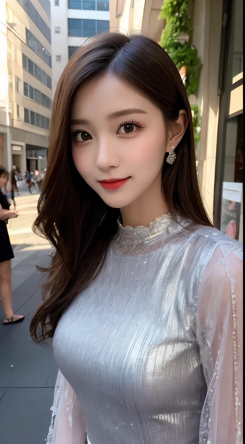 masutepiece, Best Quality, Illustration, Ultra-detailed, finely detail, hight resolution, 8K Wallpaper, Dynamic composition, Beautiful detailed eyes, Very gorgeous and elegant luxury dress winter clothes,Medium Hair,Small breasts natural color lip, Bold sexy poses,Smile、20 years girl、Cute、Sexy shot looking at camera,midnight,beautifull detailed face,Classy face,Perfect and beautiful face,Slim face and body,Blur the background,gorgeous party venue