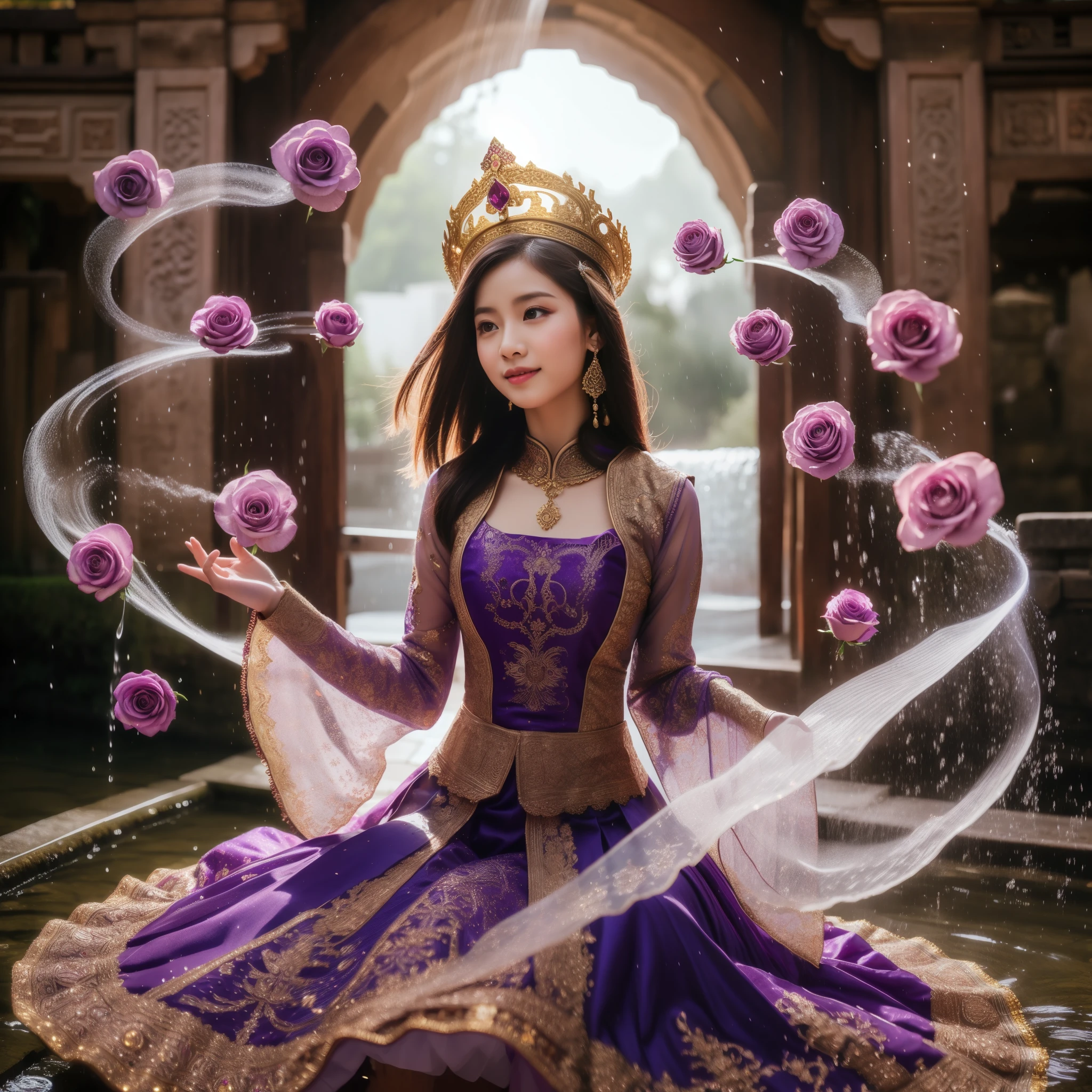 realistic photo, beautiful girl in purple traditional Indonesian dress with gold crown in front of ancient gate while sitting dancing, floating water and roses moving in the air rotating above her body, lightning effect, comparable body, photo, high quality, very detailed, full body shot, realistic height, face focus