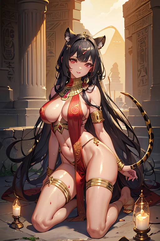 queen panther girl from ancient Egypt, (((panther woman,anthro furry cute,panther female warrior,panther-girl))),(((tail,panther tail,panther ears,thin panther tail,panther ears on head,big panther ears))),(large breasts:1.4,saggy breasts),((black hair:1.4,straight hair,long hair:1.4,colored inner hair)),(((red_eyes:1.3))),intricate eyes,beautiful detailed eyes,symmetrical eyes,((((lustrous skin:1.5,tanned skin,bright skin: 1.5,skin tanned,shiny skin,very shiny skin,shiny body)))),(spider lower abdomen,narrow waist,wide hip,athletic body,inflated legs),(((detailed face))),beautiful detailed lips, slutty,sensual,seductive look,seductive,((erotic)),opulent,(((nsfw))), (((huge cleavage))),revealing clothes,show skin,((underboob)),(barefoot,),Egyptian adornments,(((red veil))),desert warrior with little clothing,((tiny loincloth)),Egyptian tattoo,arms covered in Egyptian adornments,shoulder pad,(((nemes with that of the sphinx))),include hieroglyphics in clothing,((clothing in red and black and white colors)),((Egyptian designs on the arms)),(((Transparent cloth:1.1,wet clothes,intricate outfit,embroidered outfit,ornate outfit,intricate clothes,embroidered clothes,ornate clothes))), dynamic pose,looking at viewer,(smirk,beautiful smile),centered,scale to fit dimensions,Rule of thirds, inside a cavern,pillars,((pillars background,egyptian palace background)),scenery,extremely scenery,(torches,torches in the background),Egypt castle,(sunset, golden hour), (Glossy Egyptian ornaments),(top-quality,8K,32K,masterpiece),high resolution,(Photorealistic:1.4),Ray tracing,Sun glare,depth of fields,By backlight effect,Add depth to your screen,(((vibrant colors,vibrant theme))),(intricate),(high contrast,photorealistic artwork:1.37),(best quality,4k,highres,masterpiece:1.2),ultra-detailed,(realistic,photorealistic,photo-realistic:1.37),professional,