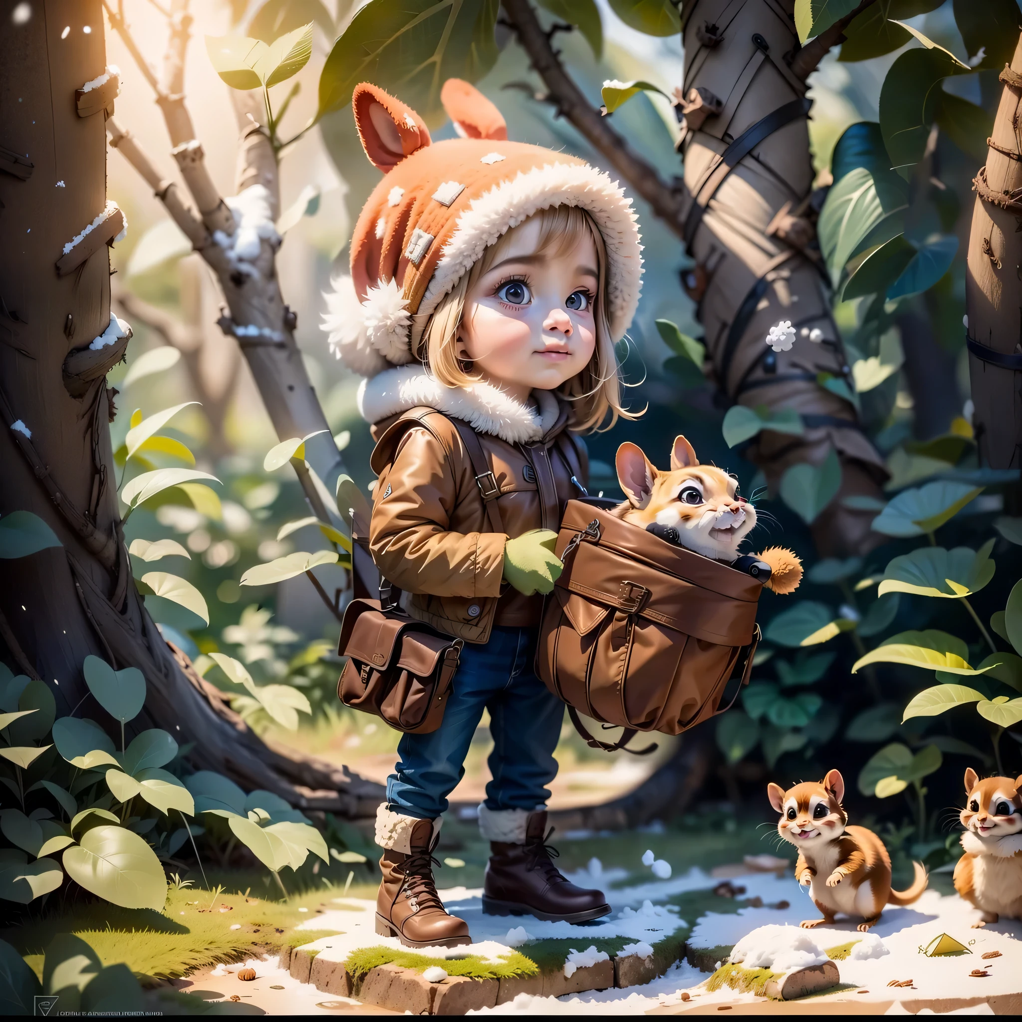 chestnut people an acorn figure and a chipmunk  a young blond woman in winter clothing looking at camera with snow falling, beautiful digital artwork, realistic digital art 4 k, perfecteyes eyes, SAM YANG, 8k resolution