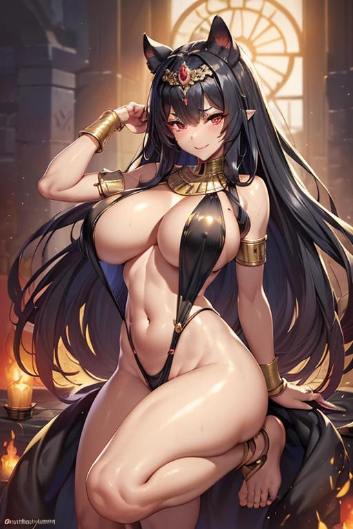 queen panther girl from ancient Egypt, (((panther woman,anthro furry cute,panther female warrior,panther-girl))),(((tail,panther tail,panther ears,thin panther tail,panther ears on head,big panther ears))),(large breasts:1.4,saggy breasts),((black hair:1.4,straight hair,long hair:1.4,colored inner hair)),(((red_eyes:1.3))),intricate eyes,beautiful detailed eyes,symmetrical eyes,((((lustrous skin:1.5,tanned skin,bright skin: 1.5,skin tanned,shiny skin,very shiny skin,shiny body)))),(spider lower abdomen,narrow waist,wide hip,athletic body,inflated legs),(((detailed face))),beautiful detailed lips, slutty,sensual,seductive look,seductive,((erotic)),opulent,(((nsfw))), (((huge cleavage))),revealing clothes,show skin,((underboob)),(barefoot,),Egyptian adornments,(((red veil))),desert warrior with little clothing,((tiny loincloth)),Egyptian tattoo,arms covered in Egyptian adornments,shoulder pad,(((nemes with that of the sphinx))),include hieroglyphics in clothing,((clothing in red and black and white colors)),((Egyptian designs on the arms)),(((Transparent cloth:1.1,wet clothes,intricate outfit,embroidered outfit,ornate outfit,intricate clothes,embroidered clothes,ornate clothes))), dynamic pose,looking at viewer,(smirk,beautiful smile),centered,scale to fit dimensions,Rule of thirds, inside a cavern,pillars,((pillars background,egyptian palace background)),scenery,extremely scenery,(torches,torches in the background),Egypt castle,(sunset, golden hour), (Glossy Egyptian ornaments),(top-quality,8K,32K,masterpiece),high resolution,(Photorealistic:1.4),Ray tracing,Sun glare,depth of fields,By backlight effect,Add depth to your screen,(((vibrant colors,vibrant theme))),(intricate),(high contrast,photorealistic artwork:1.37),(best quality,4k,highres,masterpiece:1.2),ultra-detailed,(realistic,photorealistic,photo-realistic:1.37),professional,