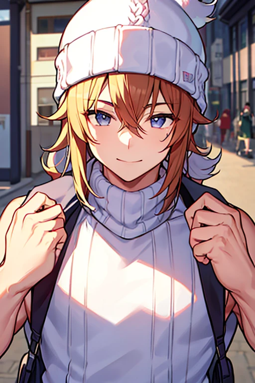 male people、38 years、manly、Knitted hats、Have muscles、In the street、up of face、neat face、The upper part of the body、a smile