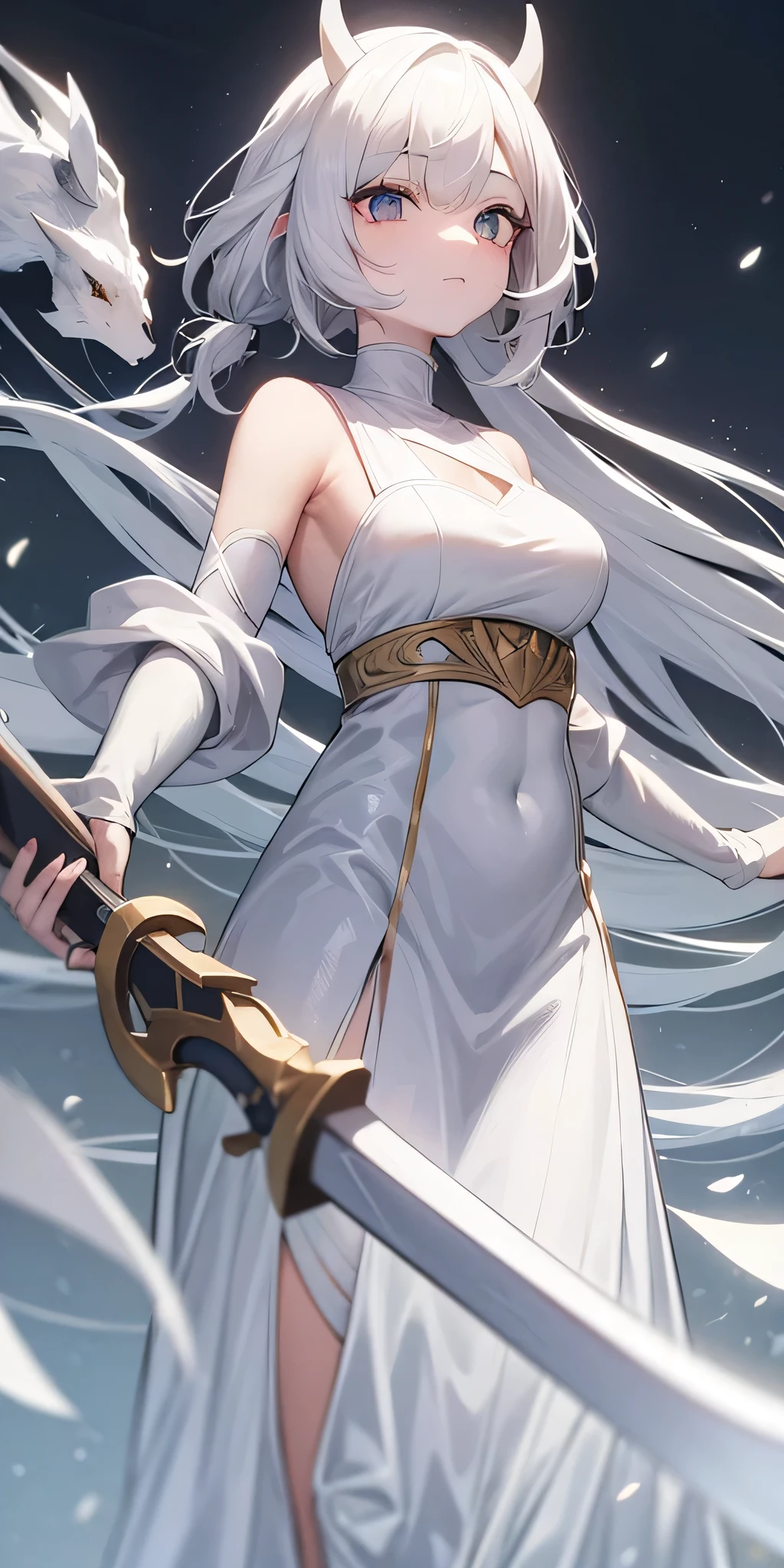 sharp corners，white hair and white clothes，Holding a long sword