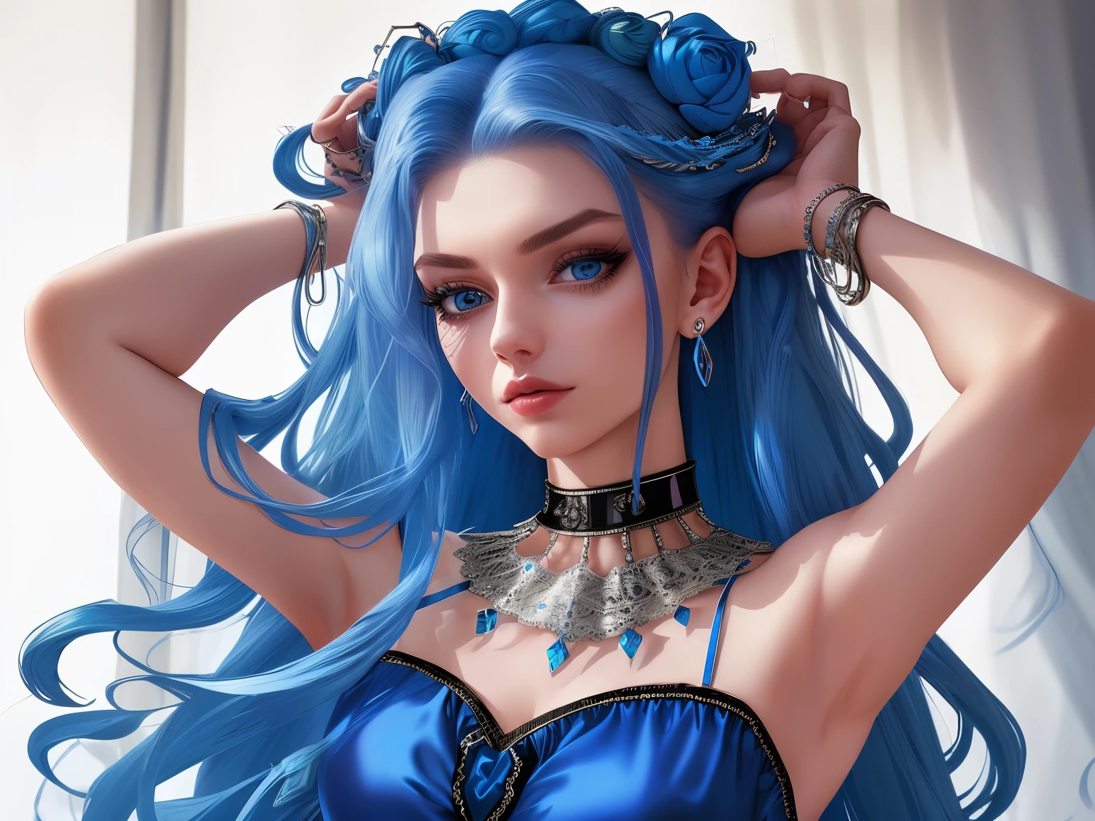 Best quality at best, masterious, detailed hair, A high resolution, (((Itching))) ,choker necklace, hair adornments, (pretty  face), a blue dress, looking at viewert, Blue hair, Permanent, （Above the waist），Medusa