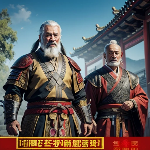 oriental、Old man wearing ancient Chinese armor、old man with ancient chinese hairstyle、three kingdom、multiple warlords、top-quality、​masterpiece、超A high resolution、(Photorealsitic:1.4)、Game Posters、