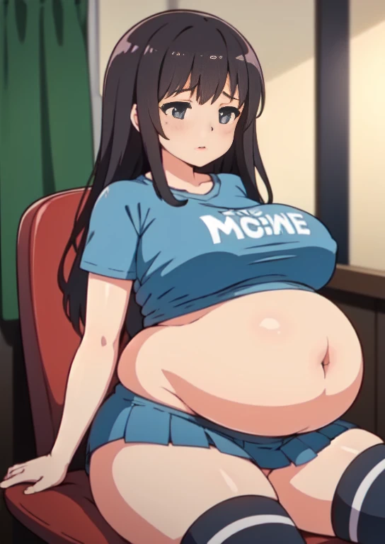 (masterpiece, best quality), 1girls, big belly, blurry background, huge belly, art by kipteitei, round belly, chubby, curvy, white button-up shirt, skirt, thighhighs, simple_background, gradient_background, belly bursting out of shirt, belly grab, enormous belly, fat belly, thicc, bigger belly, sitting on chair, really big belly, jiggly belly, shirt covering belly, belly cover by shirt