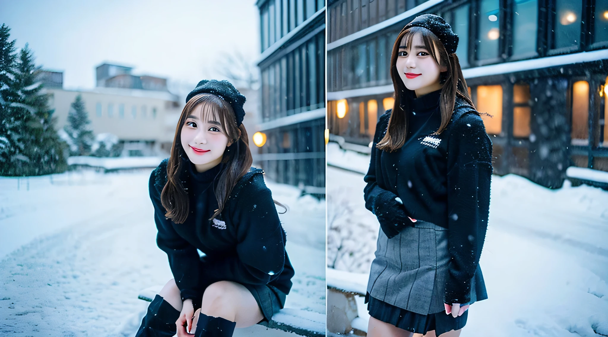 Cute College Girl, 18 years old, Wearing a black miniskirt、tome&#39;It's snowing outside