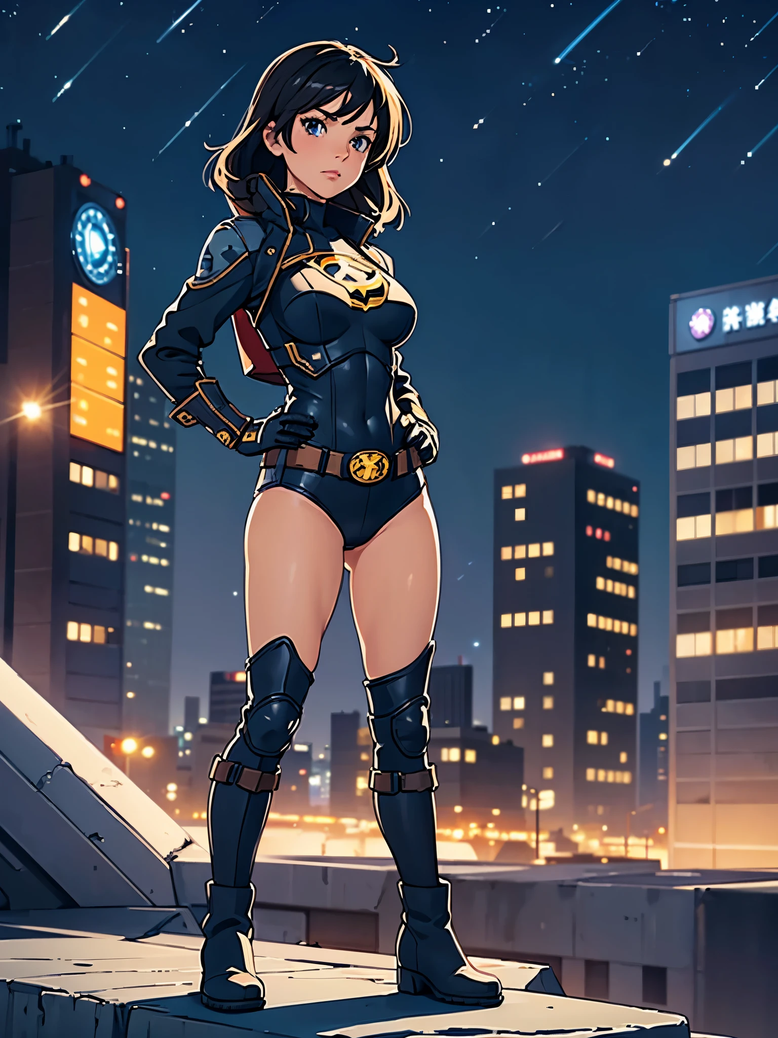 1girl, medium breasts, leotard, bare legs, tight belt, boots, matching boots, gloves, city backdrop, solo, single, hands on hip, standing, full body shot, cowboy shot, superhero, beautiful detailed eyes, mature lady, star symbol on chest, black hair