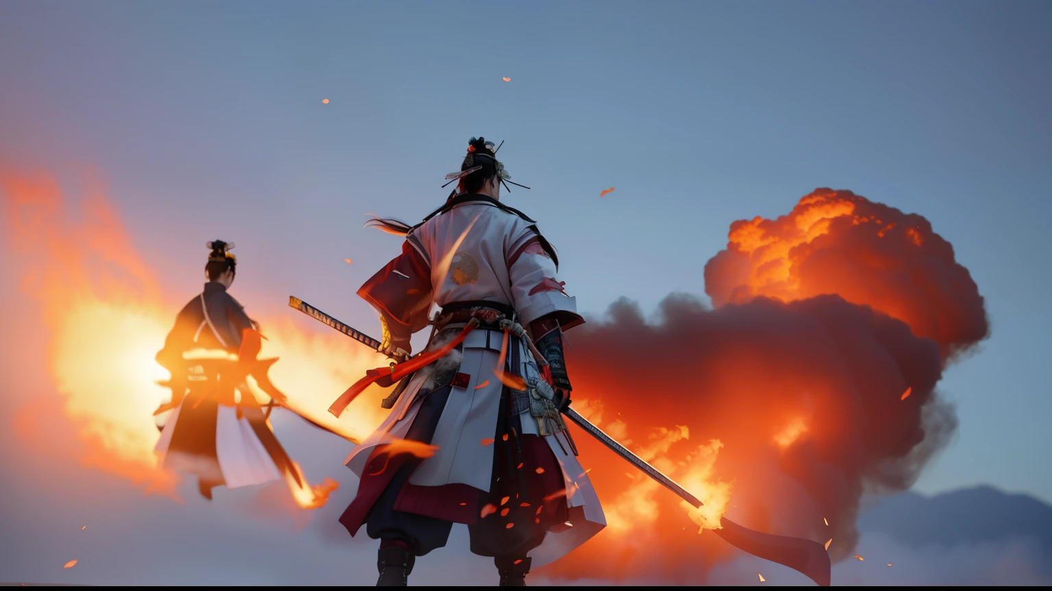Anime characters on white background，There is fire and smoke, badass anime 8 k, 4k manga wallpapers, Epic Samurai, Detailed bushido form smoke, Samurai style, samurai duel, Inspired by Kanebo, samurai man tramp, Samurai of Japan, Japanese Feudal Art, samurai warrior