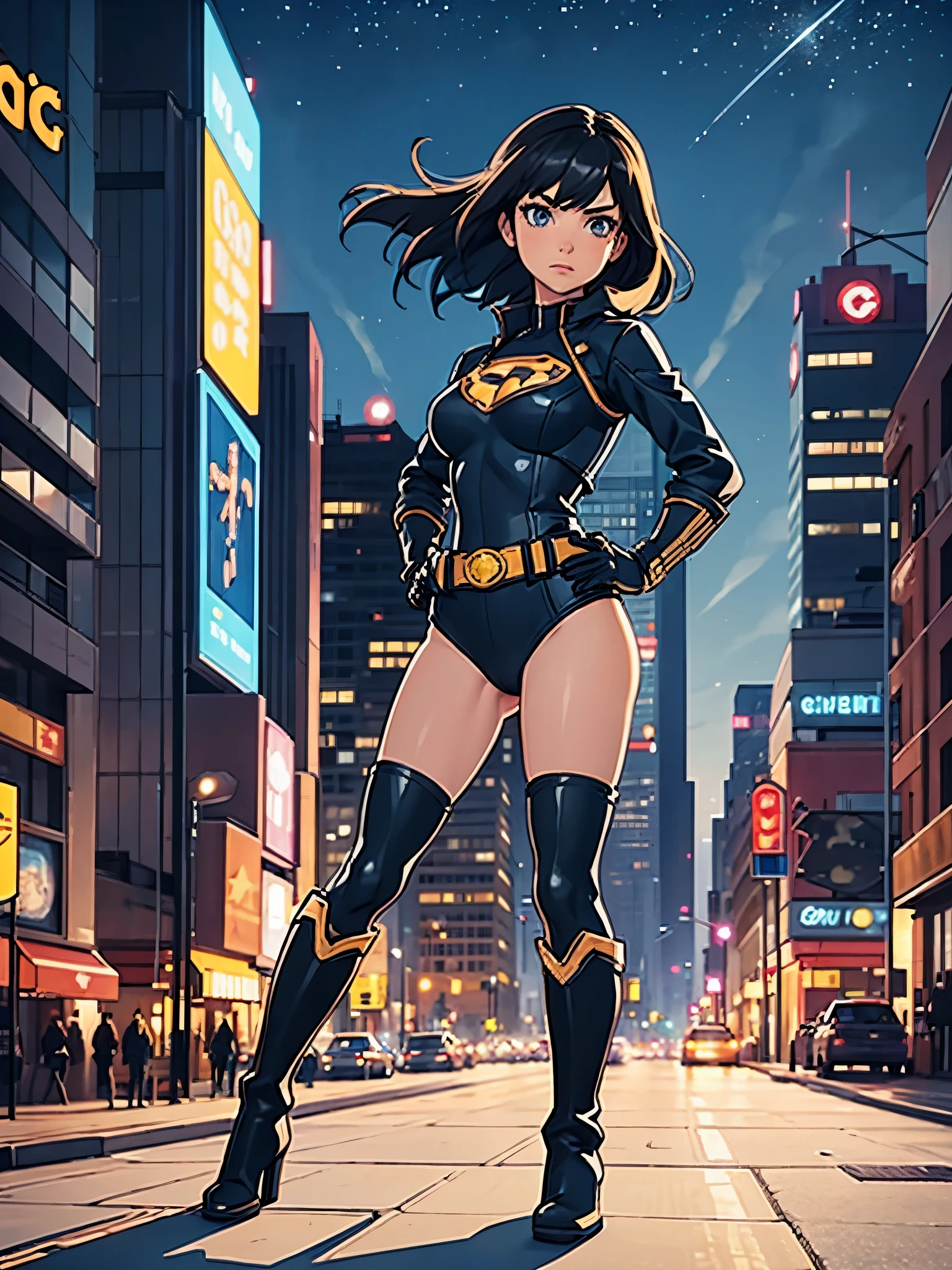 1girl, medium breasts, leotard, bare legs, tight belt, boots, matching boots, gloves, city backdrop, solo, single, hands on hip, standing, full body shot, cowboy shot, superhero, beautiful detailed eyes, mature lady, star symbol on chest, black hair