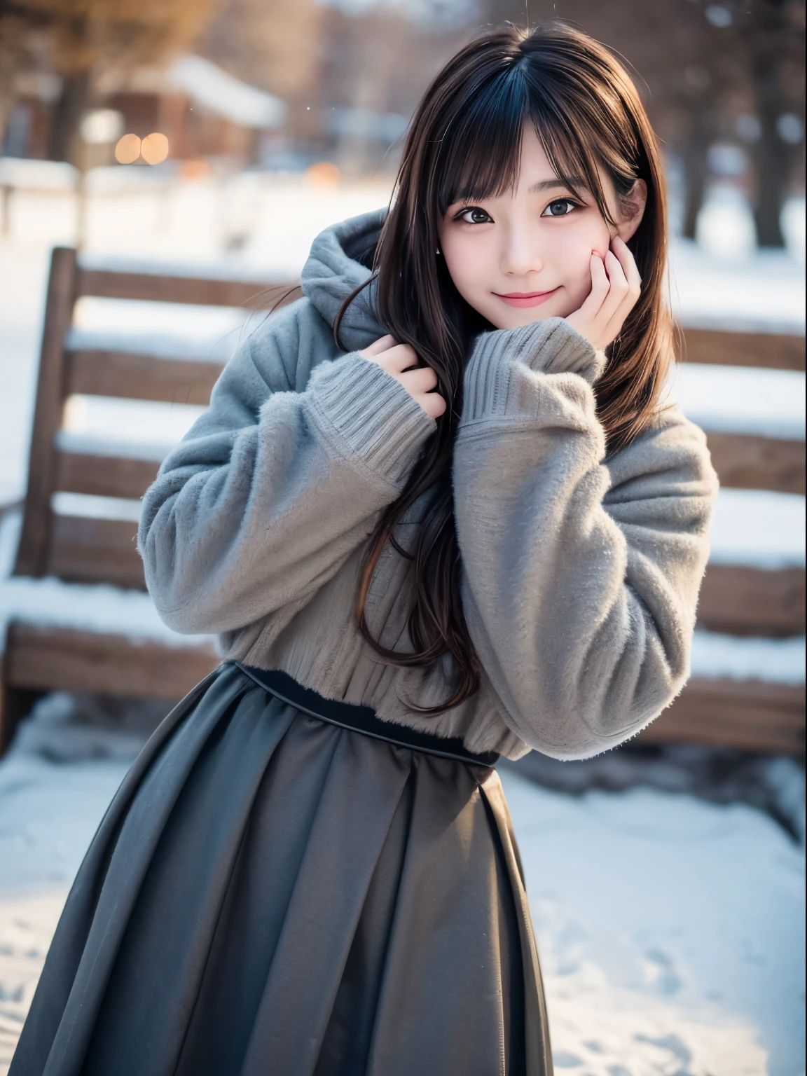 (8k, RAW photo, best quality, masterpiece, ultra detailed:1.2),(realistic, photo-realistic:1.4), upper body shot, (extremely cute Japanese idol:1.2), 20 years old, (detailed skin, detailed face: 1.2), detailed hands, sharp focus, SIGMA 85mm f/1.4., depth of field, blur background, bokeh, cinematic lighting, soft light, pale skin, brown eyes, naughty smile, seductive, kawaii, looking at viewer, short straight black hair, gray parka, winter coat, random pose, long skirt, park, winter