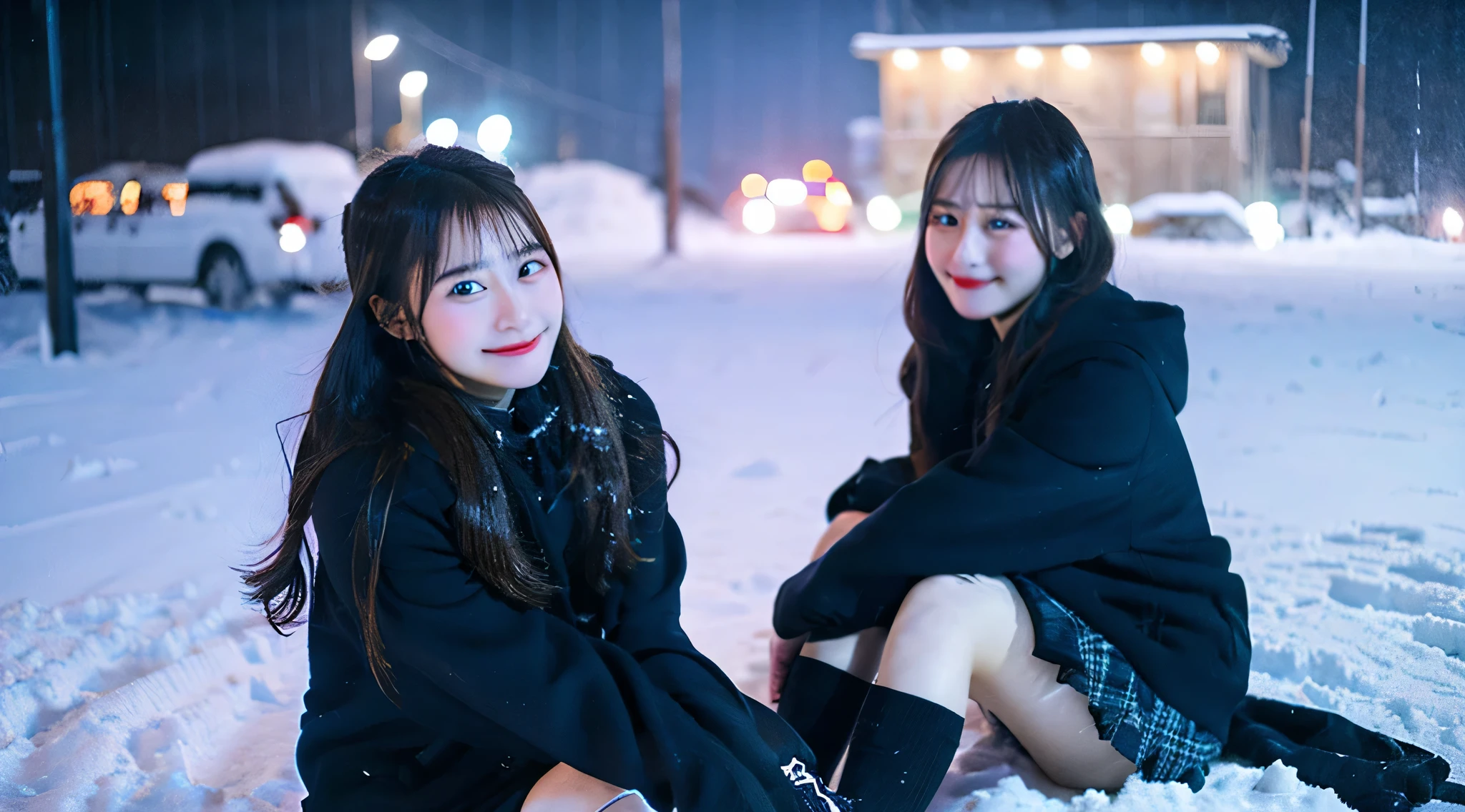 Cute high school girl, 18 years old, Wearing a black miniskirt、Snow outside