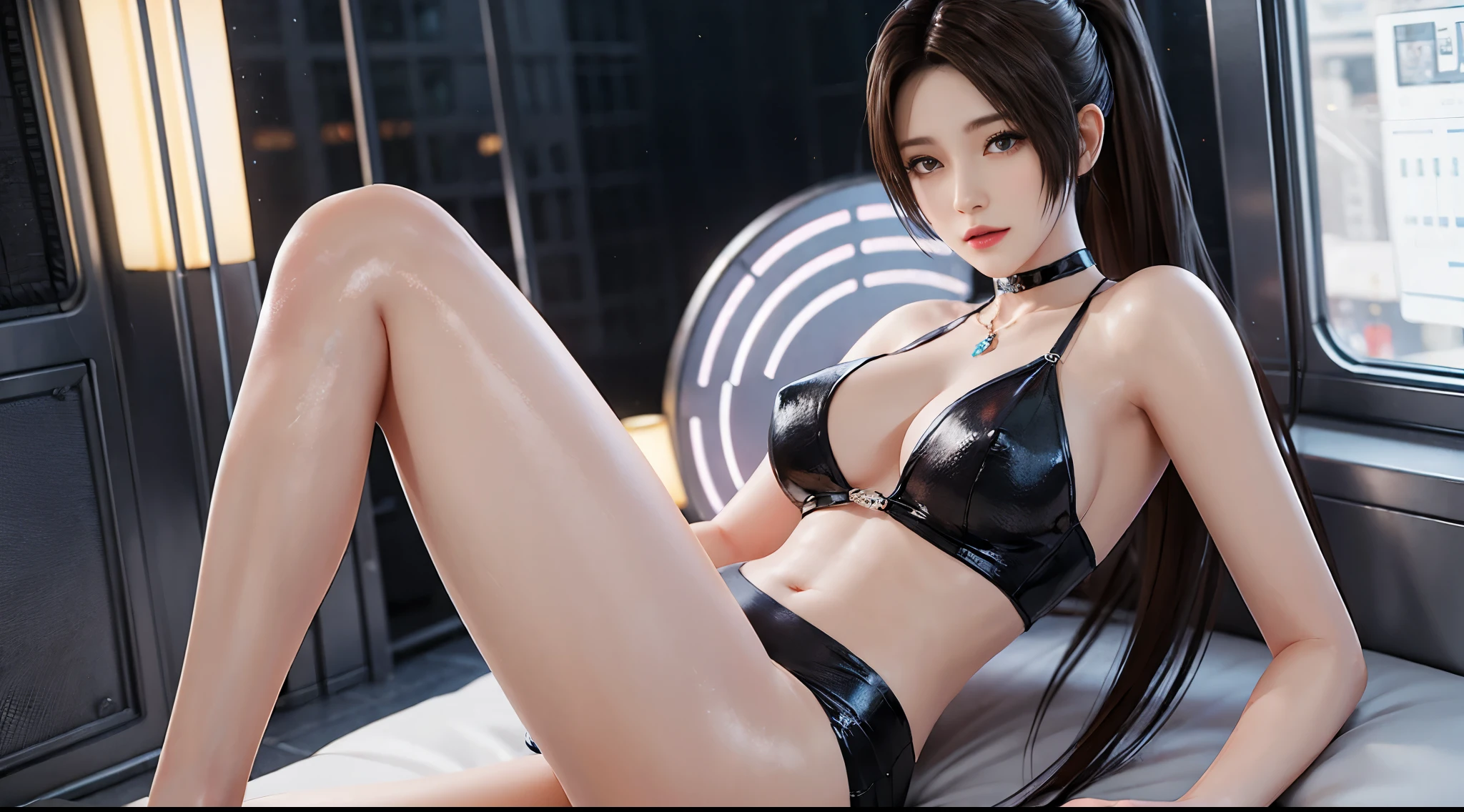 ((Best quality at best)),((Upscale, 8K, tmasterpiece: 1.5)), Clean common areas: 1.2, perfect body beauty: 1.4, Bigchest, Blue-gray hair, choker necklace，bangle，no underwares，wetted skin, round form，Visible nipple, Sleeping on the Bed，legs are open，Open your legs，legs separated，knee bend，ssmile，Film texture，