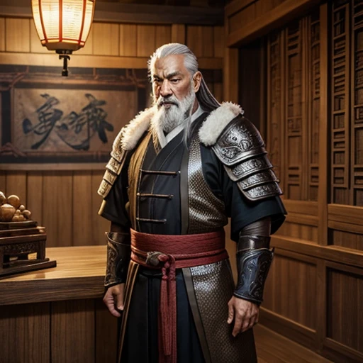oriental、Old man wearing ancient Chinese armor、old man with ancient chinese hairstyle、three kingdom、multiple warlords、top-quality、masterpiece、超A high resolution、(Photorealsitic:1.4)、Game Posters、