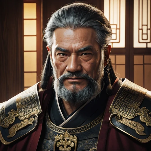 oriental、Old man wearing ancient Chinese armor、old man with ancient chinese hairstyle、three kingdom、multiple warlords、top-quality、masterpiece、超A high resolution、(Photorealsitic:1.4)、Game Posters、