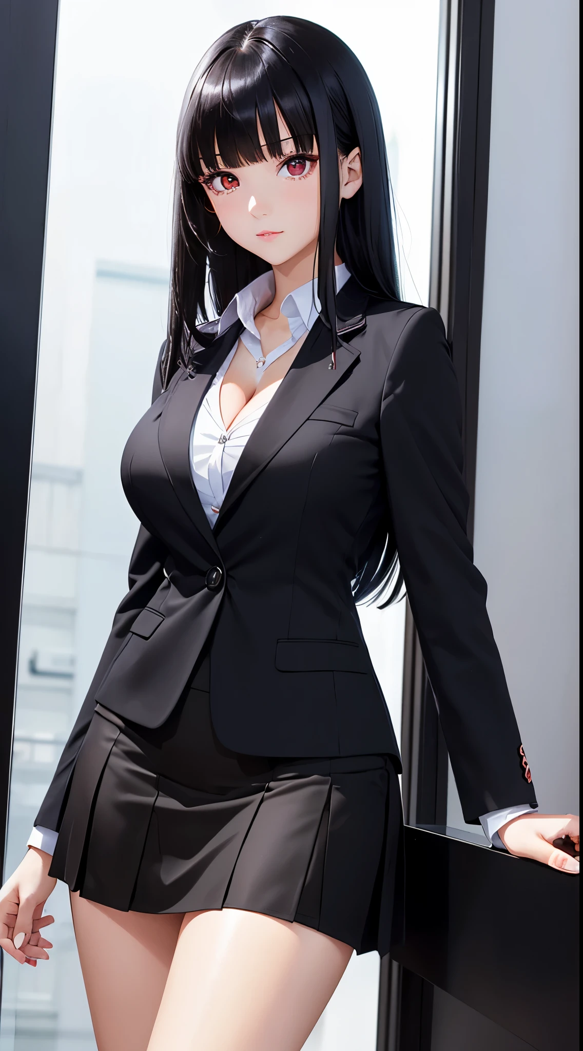 ((Best Quality)), ((masutepiece)), (Detailed), (highlight), Perfect face　Young girl with detailed face showing cleavage、Red eyes and long, thick, glossy, beautiful black hair with blunt bangs、Single-color background、Standing wearing school uniform with blazer and miniskirt、