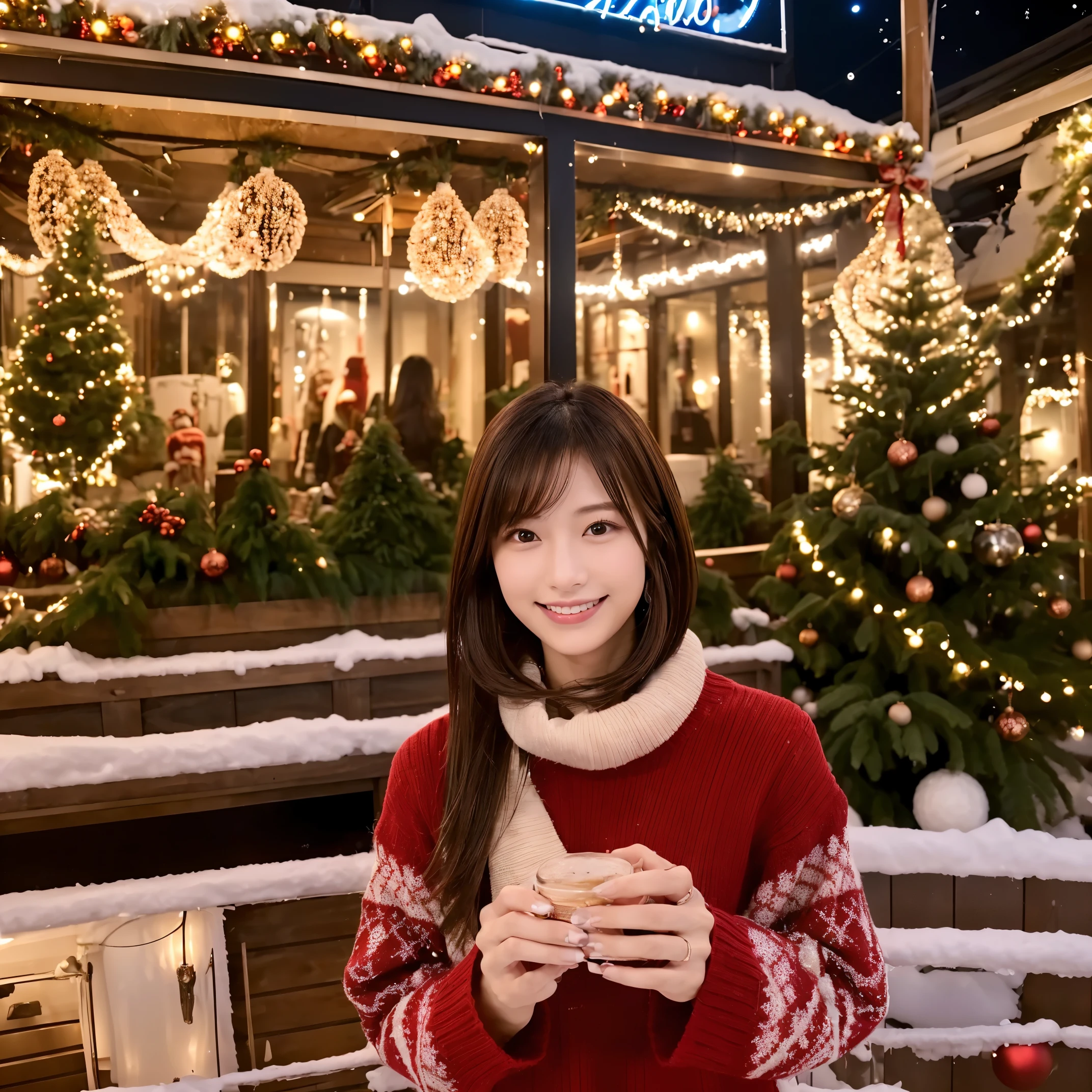 (The ultra -The high-definition:1.5)(ultra-detailliert:1.3) (ultra-quality) (An ultra-high picture quality:1.5) (rialistic photo:1.3) A Japanese Lady　21years old　((detailed and beautiful faces:1.3)) ((realistic skin textures:1.3)) ((Detailed and high quality eyes:1.3)) ((Detailed and high quality ears)) ((Beautiful, very fair and transparent skin:1.3)) ((Beautifully groomed straight short bob hair:1.3))Complete body　beautiful proportion　(Classy winter trend fashion:1.3)　knitted sweater　cashmere muffler　The background is the inside of a Christmas cafe at dusk.　very beautiful christmas illuminations　Beautiful, luxurious and stylish store　((smile kindly at the viewer:1.3))
