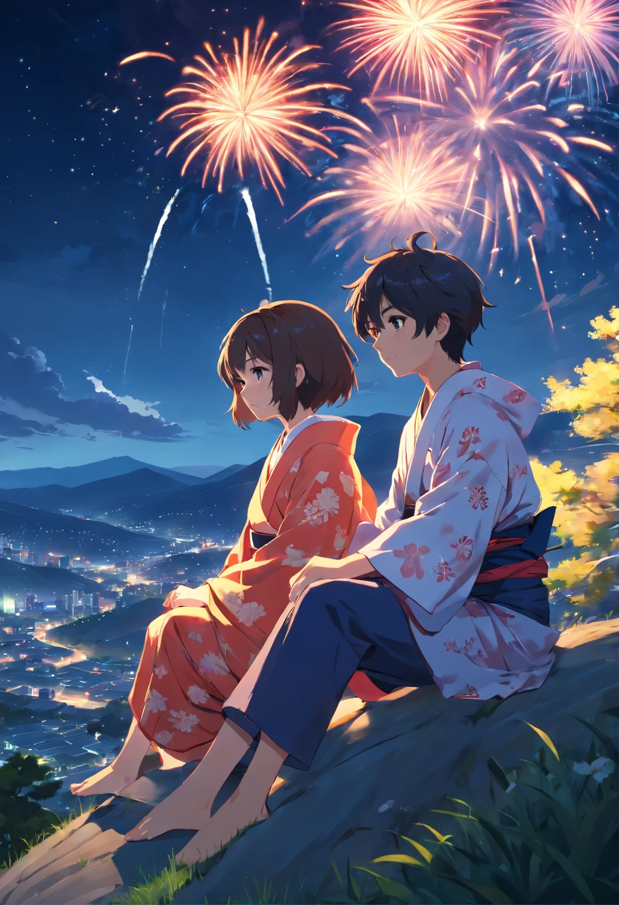 Cat girl and bunny boy sitting on the hill, View Night Sky, wearing kimonos, fireworks in the sky