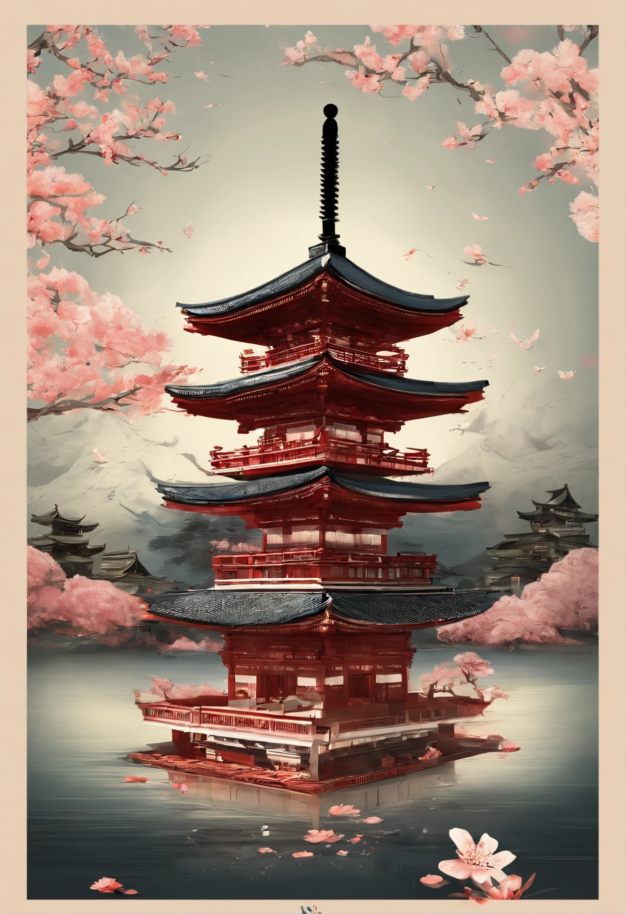 (Masterpiece), (Best quality), (best detail), (Distant general view), (The feeling of a poster),japanese templeive-storied pagoda,waxy candles,darkly,Light,The shadow the tower,( cut out)