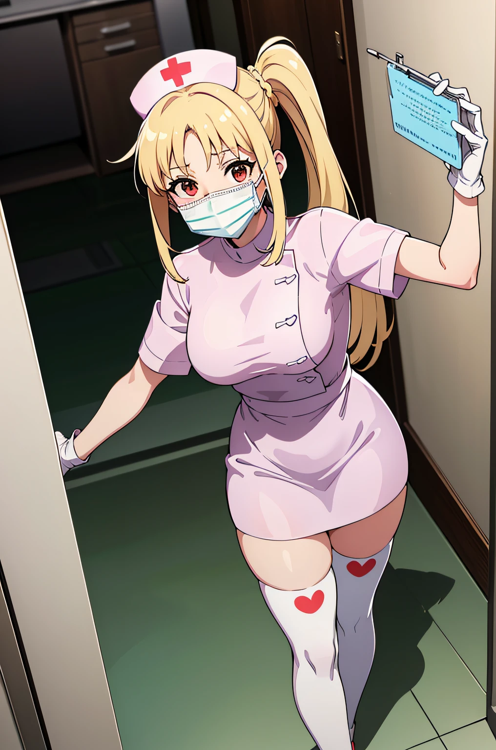 ijichi nijika, side ponytail, solo, nurse, ((white nurse cap, white nurse's outfit)), ((white legwear, zettai ryouiki)), white gloves, ((white surgical mask, covered nose)), standing, hospital room, sharp outline, short sleeves, best quality, masterpiece