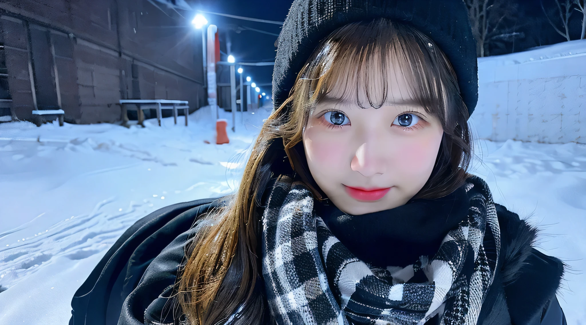 Cute high school girl, 18 years old, Wearing a black miniskirt、Snow outside