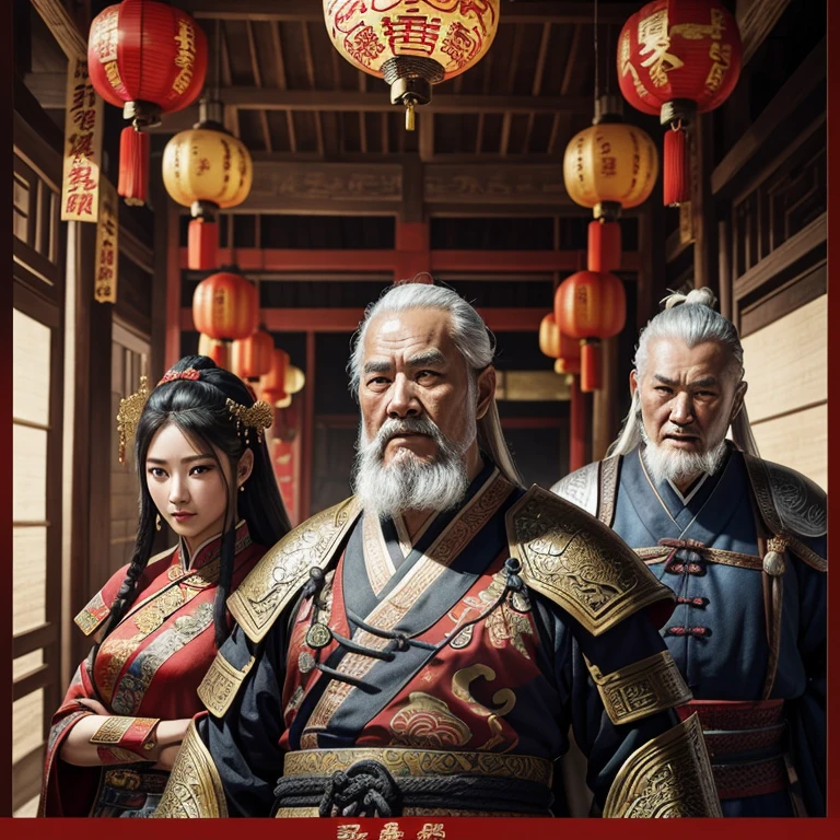 oriental、Old man wearing ancient Chinese armor、old man with ancient chinese hairstyle、three kingdom、multiple warlords、top-quality、masterpiece、超A high resolution、(Photorealsitic:1.4)、Game Posters、