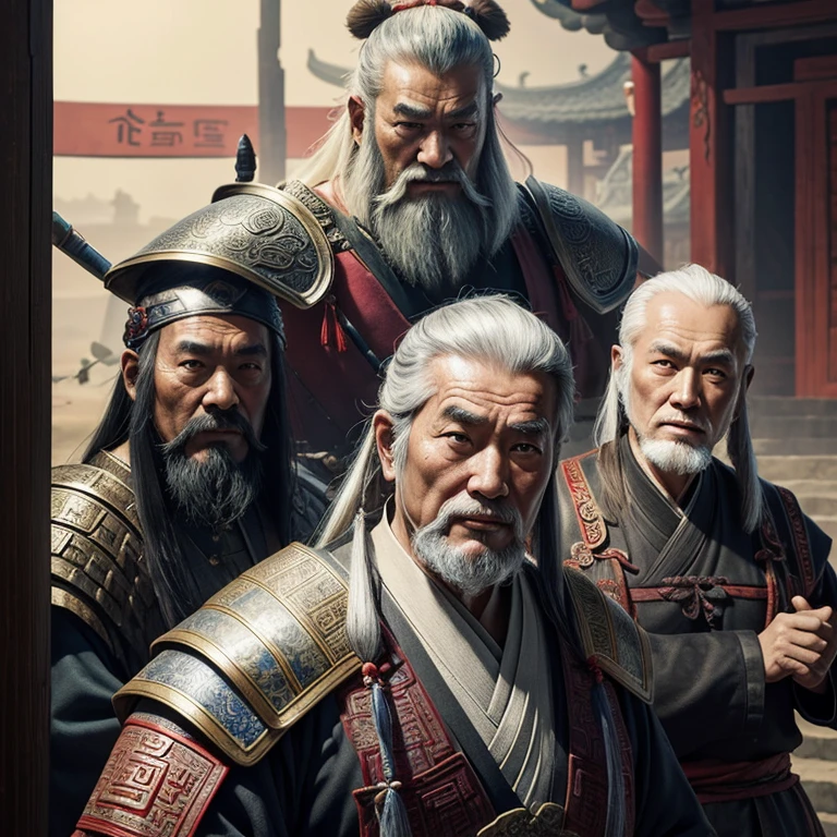 oriental、Old man wearing ancient Chinese armor、old man with ancient chinese hairstyle、three kingdom、multiple warlords、top-quality、masterpiece、超A high resolution、(Photorealsitic:1.4)、Game Posters、