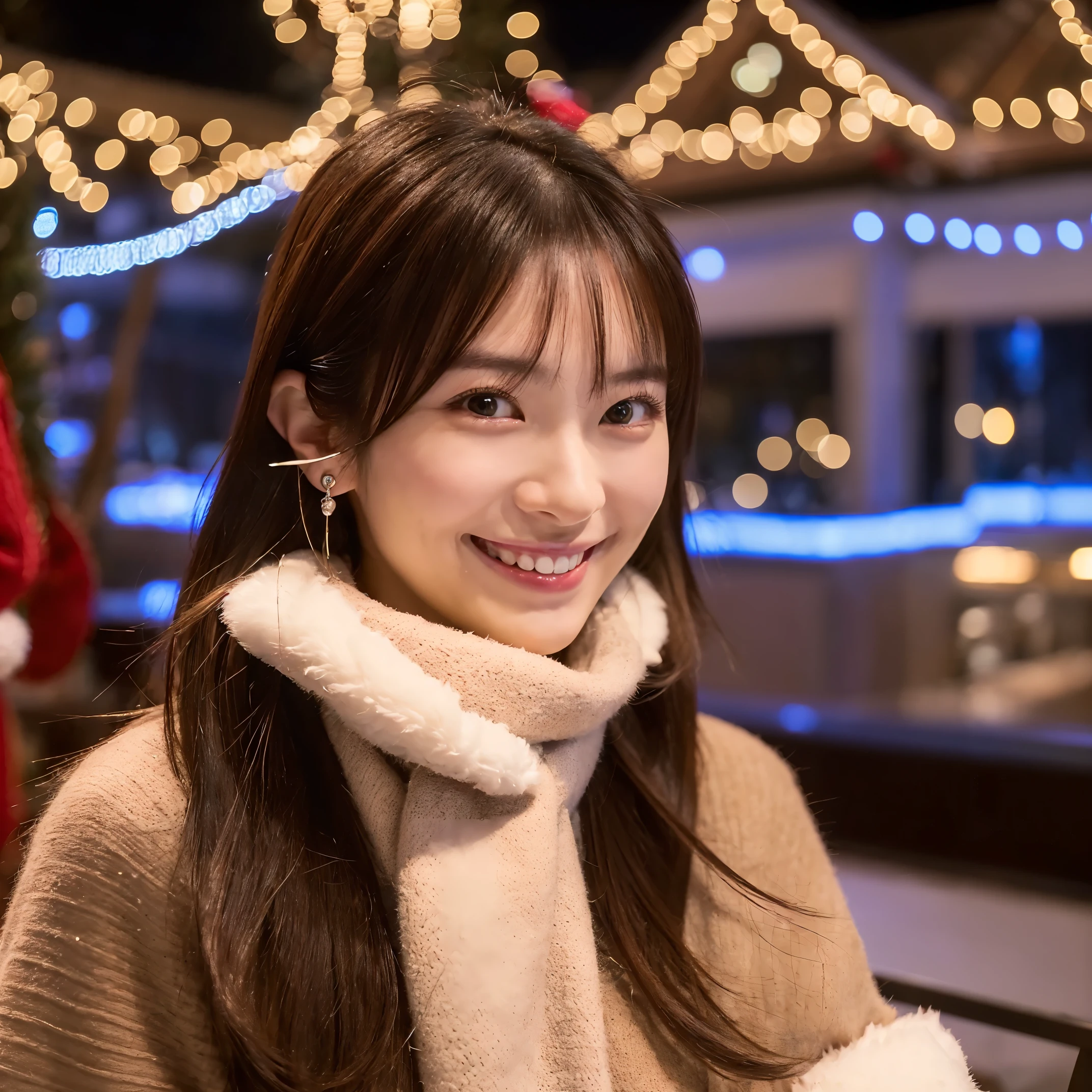 (The ultra -The high-definition:1.5)(ultra-detailliert:1.3) (ultra-quality) (An ultra-high picture quality:1.5) (rialistic photo:1.3) A Japanese Lady　21years old　((detailed and beautiful faces:1.3)) ((realistic skin textures:1.3)) ((Precise, high-quality eyes:1.3)) ((The beauty of detailed and high quality ears, Very fair and transparent skin:1.3)) ((Beautifully groomed straight short bob hair:1.3))Complete body　beautiful proportion　(Classy winter trend fashion:1.3)　knitted sweater　cashmere muffler　The background is the inside of a Christmas cafe at dusk..　very beautiful christmas illuminations beautiful, Luxurious and stylish interior　((Smile kindly at the viewer:1.3))