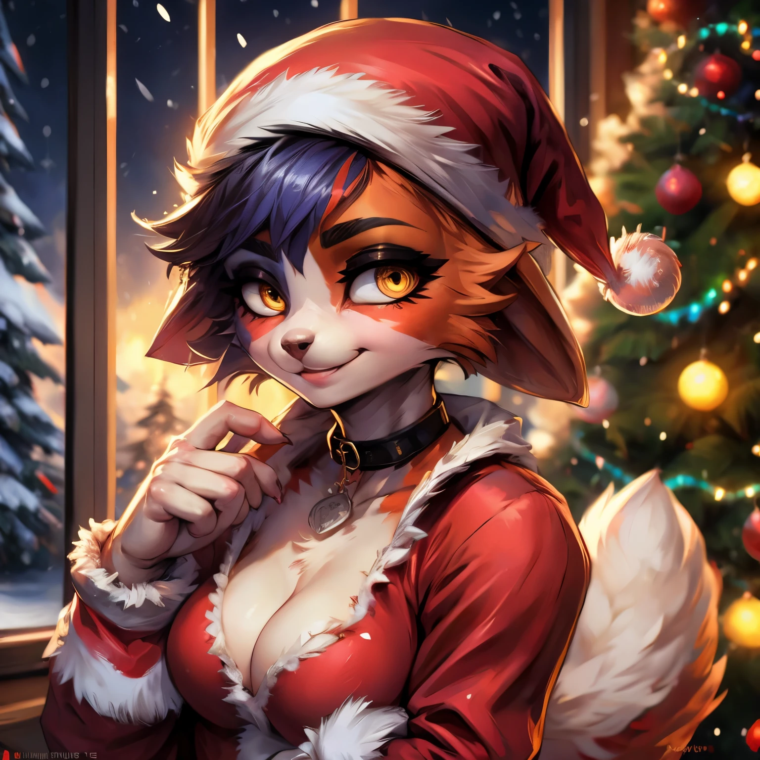 3d, (bastika, cutesexyrobutts, hioshiru) (best quality, masterpiece:1), solo, (shaded face:1.2), furry female anthro meowskulls, insanely detailed, beautiful detailed face,beautiful detailed eyes, masterpiece, best quality), christmas decorations, Christmas tree、Christmas cake、masterpiece、top-quality、detaileds、high resolution illustration),Delicate Makeup, (a closeup:1.2)、POV、 ((santa costume:1.2)), best quality, (masterpiece),(ultra-detailed), (high quality), (high resolution), 1girl, choker, gloves, elbow gloves, makeup, cute smile, Christmas gifts, lights, snow falling on window, (1 cat tail), fish Hook piercing, natural breasts, 5 fingers