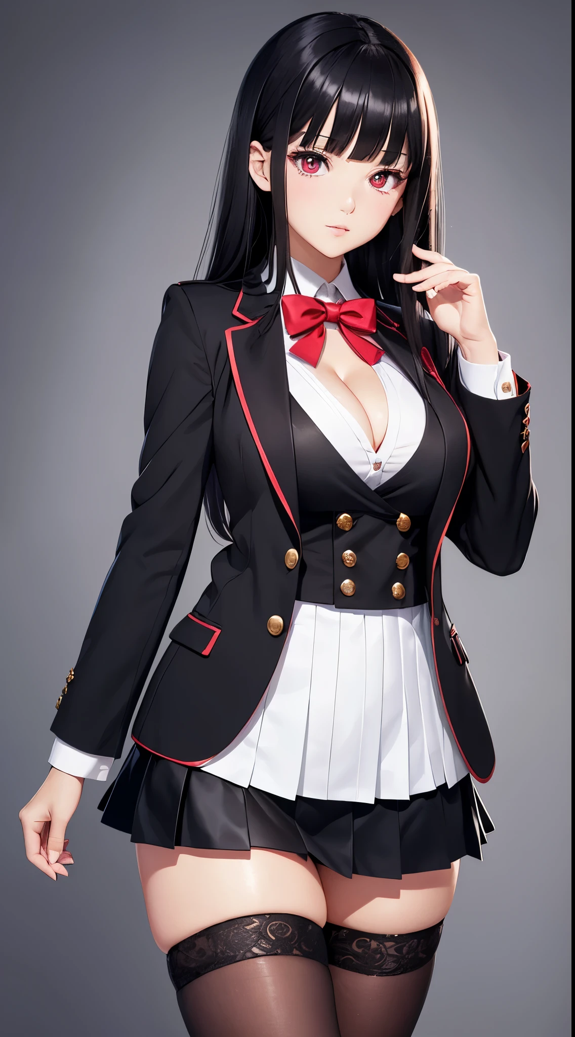 ((Best Quality)), ((masutepiece)), (Detailed), (highlight), Perfect face　Young girl with detailed face showing cleavage、Red eyes and long, thick, glossy, beautiful black hair with blunt bangs、Single-color background、Standing wearing school uniform with blazer and miniskirt、
