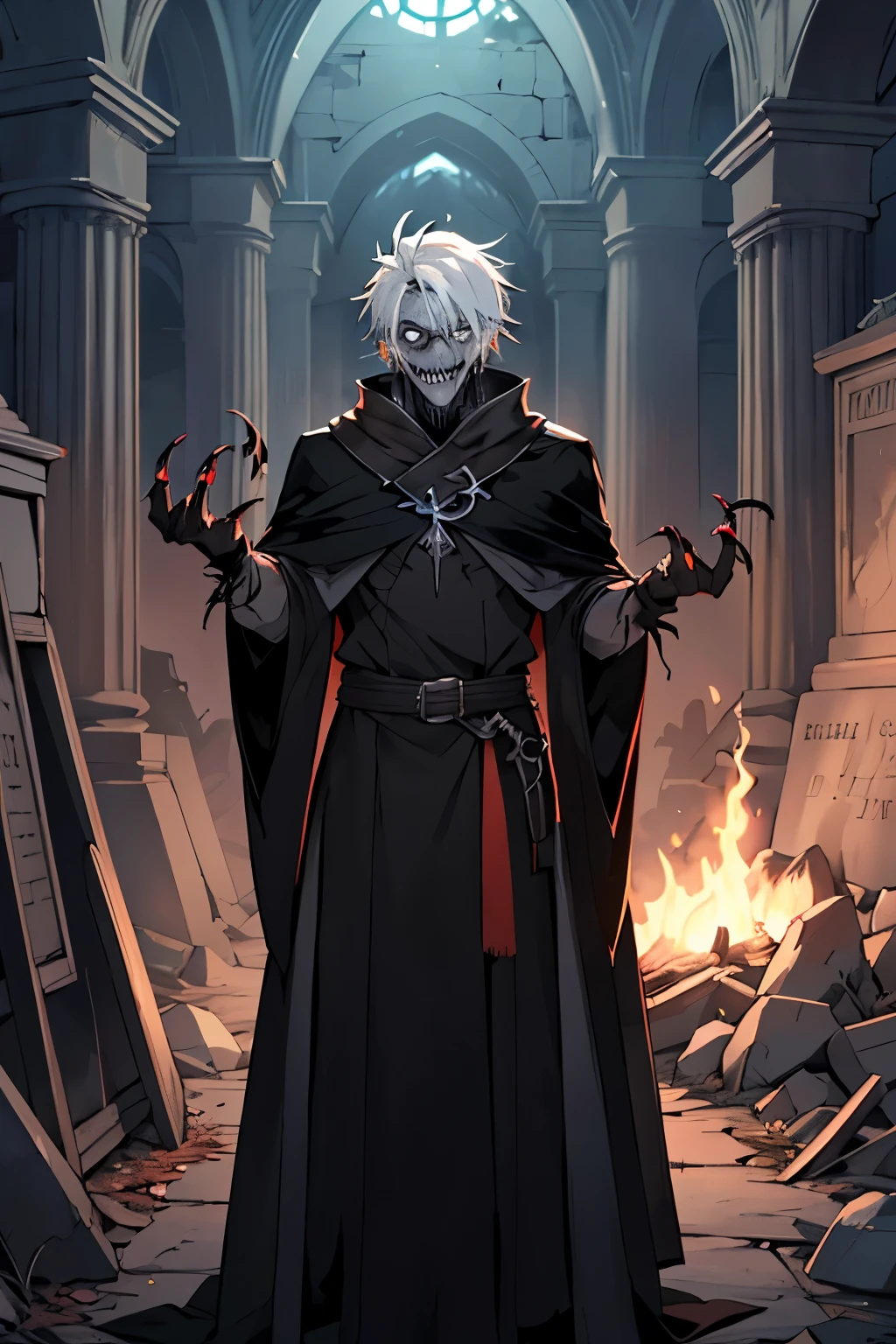 ghoul, grey skin, warlock, The Ancient Magician, Blank black eyes, white colored hair, full length, claws, Long tongue, crypt at the back, corpse, ember, grizzled, corpse, undead, magician, two predatory hands