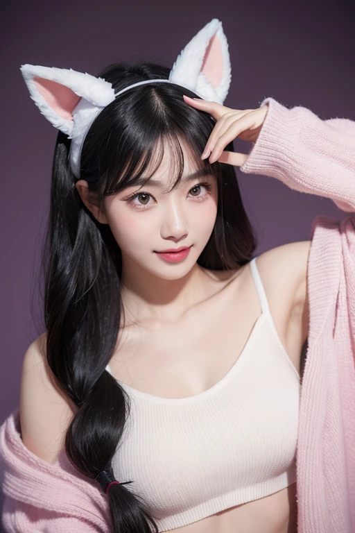 black hair, hair bobbles, wince, longeyelashes, solid circle eyes, fake animal ears, light smile, ear blush, fang, Surrealism, drop shadow, anaglyph, stereogram, tachi-e, pov, atmospheric perspective, 8k, super detail, ccurate, best quality