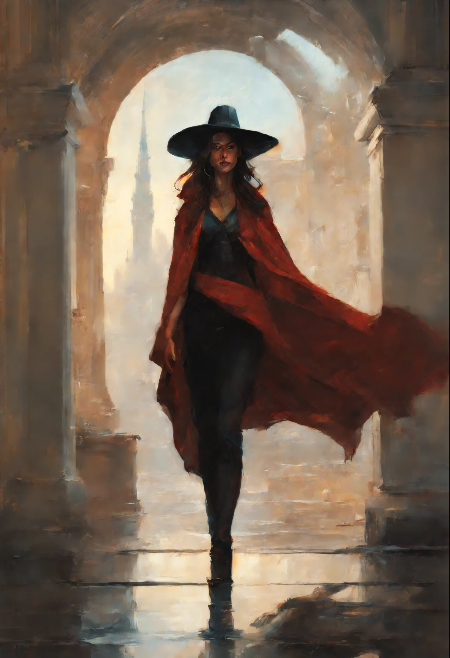 painting of a woman in a hat and cloak in a building, artwork in the style of guweiz, beautiful character painting, charlie bowater character art, fantasy concept art portrait, in the art style of mohrbacher, artgerm and atey ghailan, charlie bowater art style, Ruan Jia and Stanley Artgerm