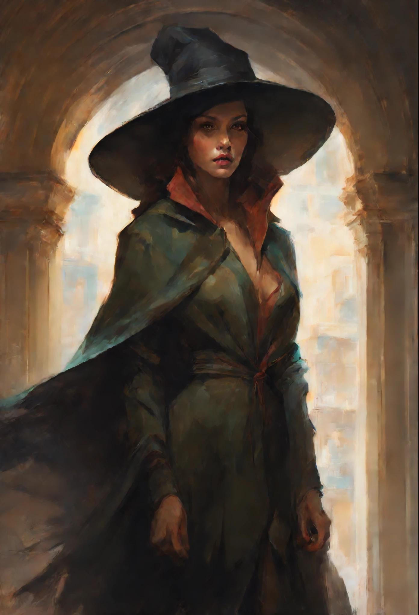 painting of a woman in a hat and cloak in a building, artwork in the style of guweiz, beautiful character painting, charlie bowater character art, fantasy concept art portrait, in the art style of mohrbacher, artgerm and atey ghailan, charlie bowater art style, Ruan Jia and Stanley Artgerm