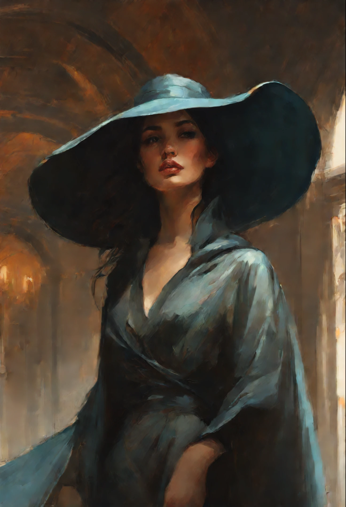 painting of a woman in a hat and cloak in a building, artwork in the style of guweiz, beautiful character painting, charlie bowater character art, fantasy concept art portrait, in the art style of mohrbacher, artgerm and atey ghailan, charlie bowater art style, Ruan Jia and Stanley Artgerm