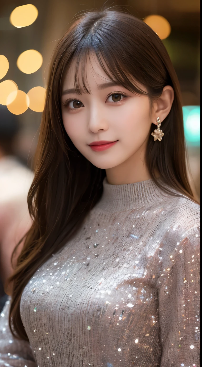 masutepiece, Best Quality, Illustration, Ultra-detailed, finely detail, hight resolution, 8K Wallpaper, Dynamic composition, Beautiful detailed eyes, Very gorgeous and elegant luxury dress winter clothes,Medium Hair,Small breasts natural color lip, Bold sexy poses,Smile、20 years girl、Cute、Sexy shot looking at camera,midnight,beautifull detailed face,Classy face,Perfect and beautiful face,Slim face and body,Blur the background,Gorgeous and glamorous Christmas party venue