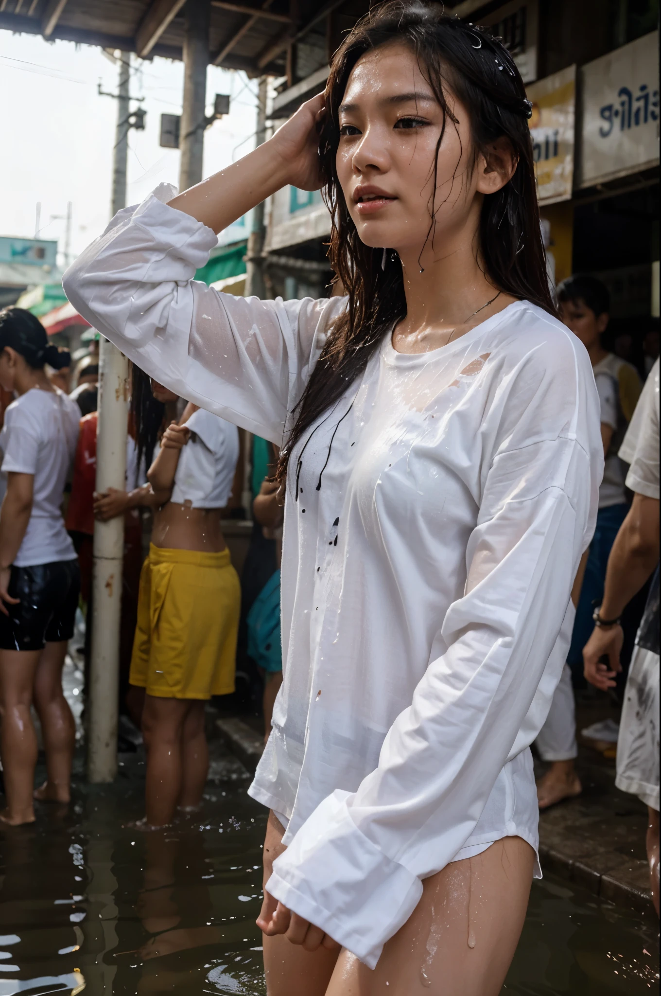 Young woman wearing a white shirt gets splashed with water while playing Songkran on Khao San Road, rim light, films noises, Many raw styles