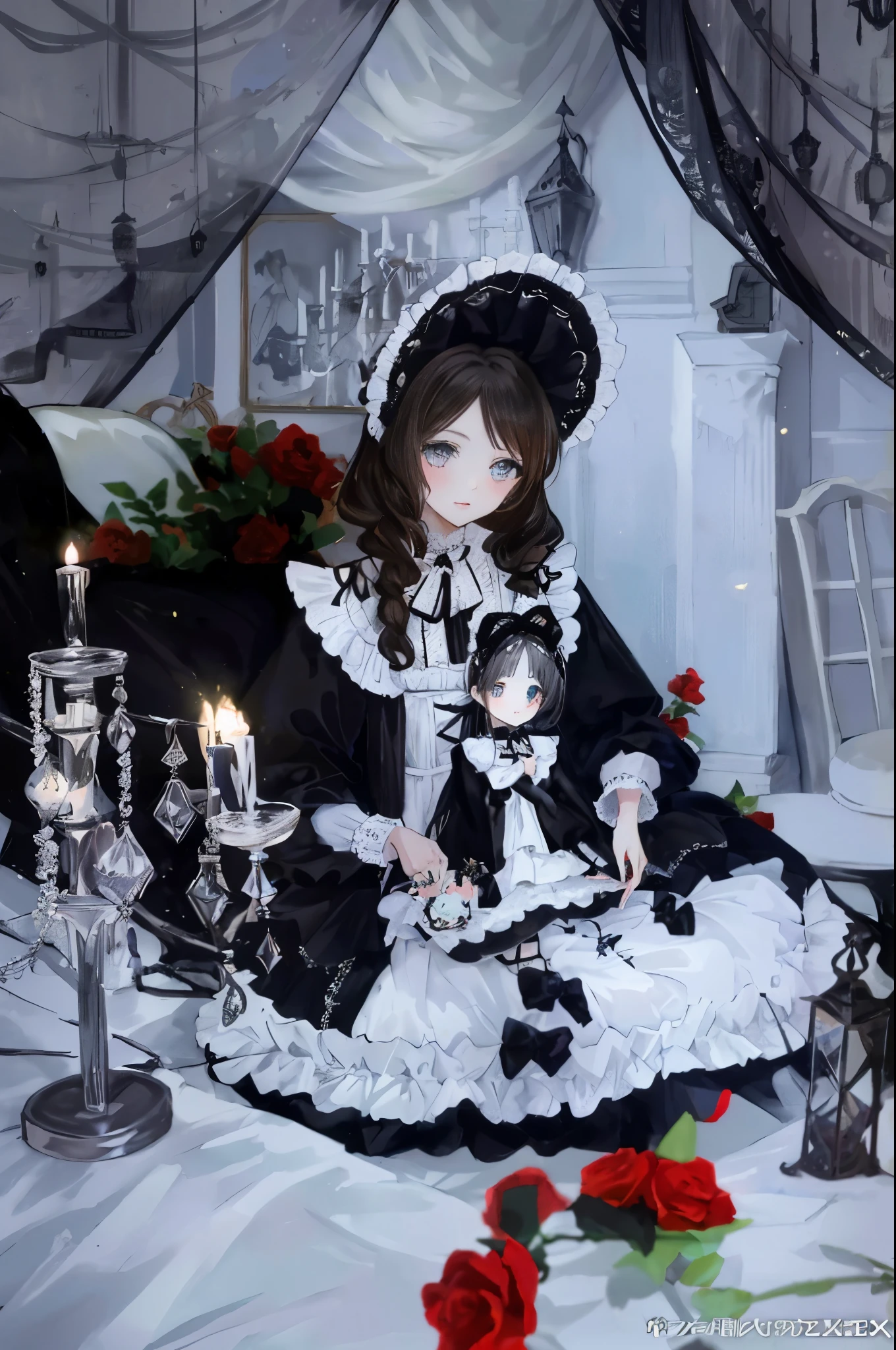 arafed woman in a black and white dress holding a doll, victorian gothic lolita fashion, black gothic lolita dress, black rococo, black metal rococo, lolita fashion, lolita style, portrait of magical lolita girl, baroque visual kei decora art, in victorian aristocrat, gothic and baroque, an elegant gothic princess, gothic maiden anime girl, gothic regal