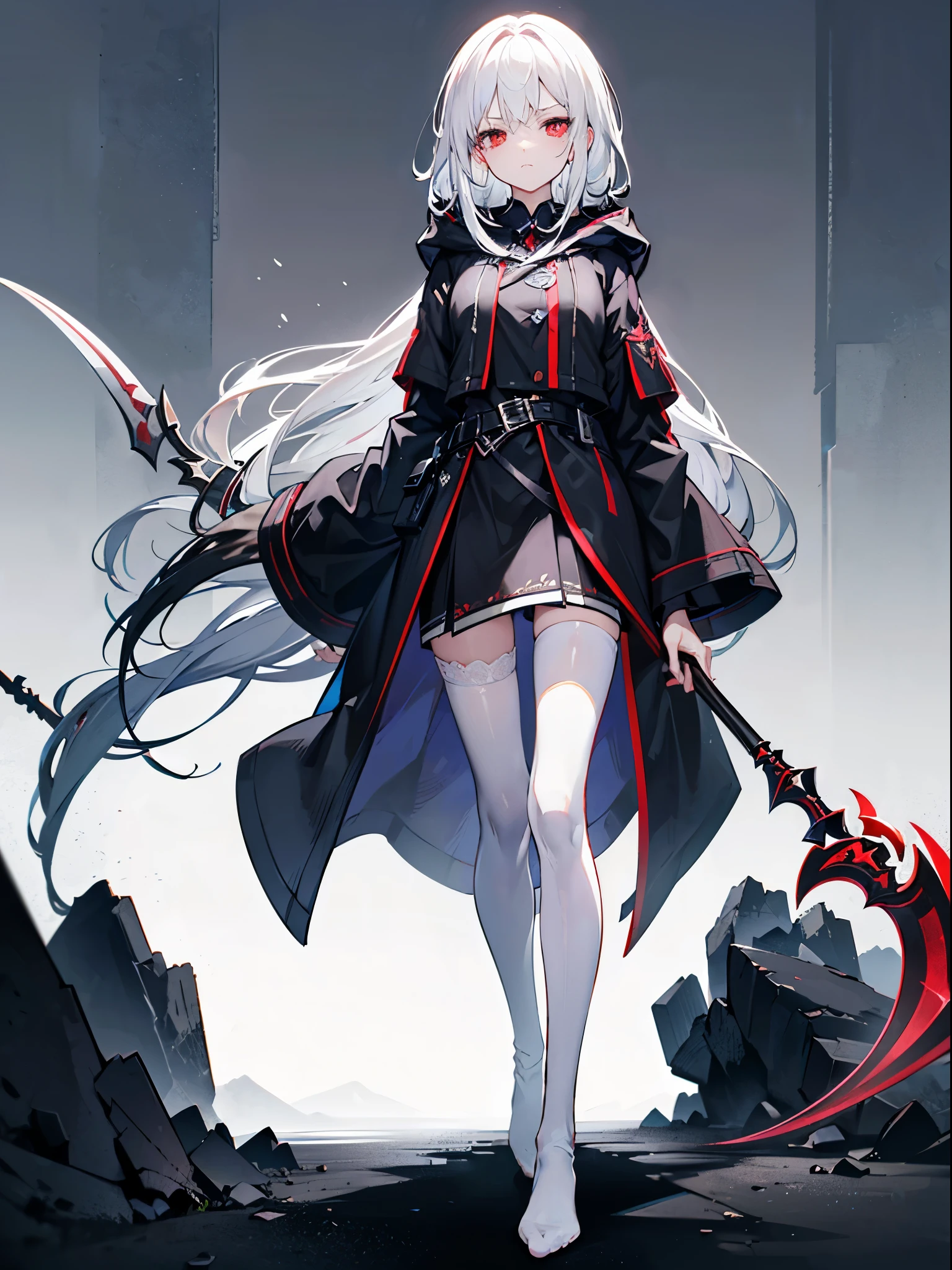 (tmasterpiece,best qualtiy,style of anime,a sense of atmosphere,cg render,Standing painting,Ray traching,Wallpapers,Dark wind)(white hair,long whitr hair,red pupils,黑色long whitr hair,disdainful expression,Hooded black knee-length robe,Cover the whole body,white stockings,Dark wind,Holding a death scythe)(Solo)