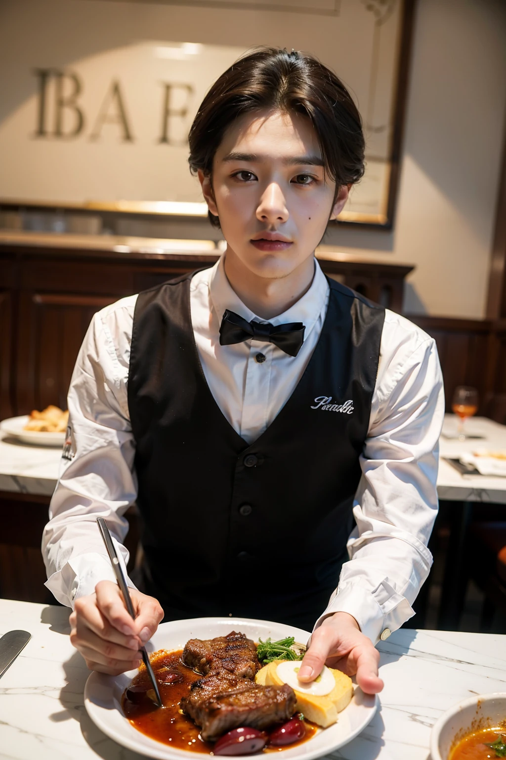 ((Best quality at best)), ((tmasterpiece)), (Detailed pubic hair), Handsome guy wearing long sleeve uniform，In the restaurant，Lamb barbecue ingredients