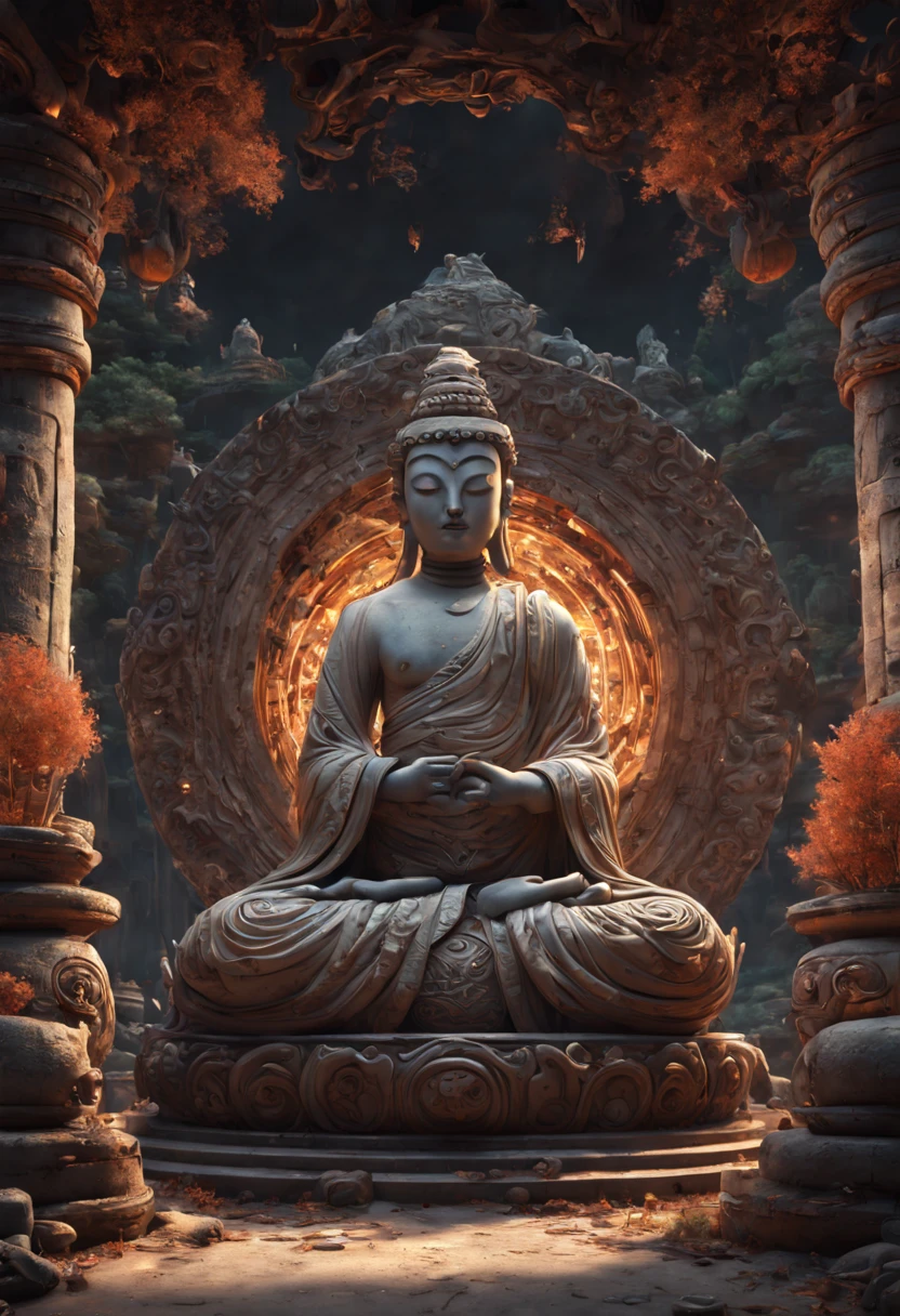 Mysterious Ancient Relics, Zen Buddhism, surrealistic, whimsical, ultra-wide-angle, octane render, enhance, intricate, (masterpiece, Representative work, official art, Professional, unity 8k wallpaper:1.3)
