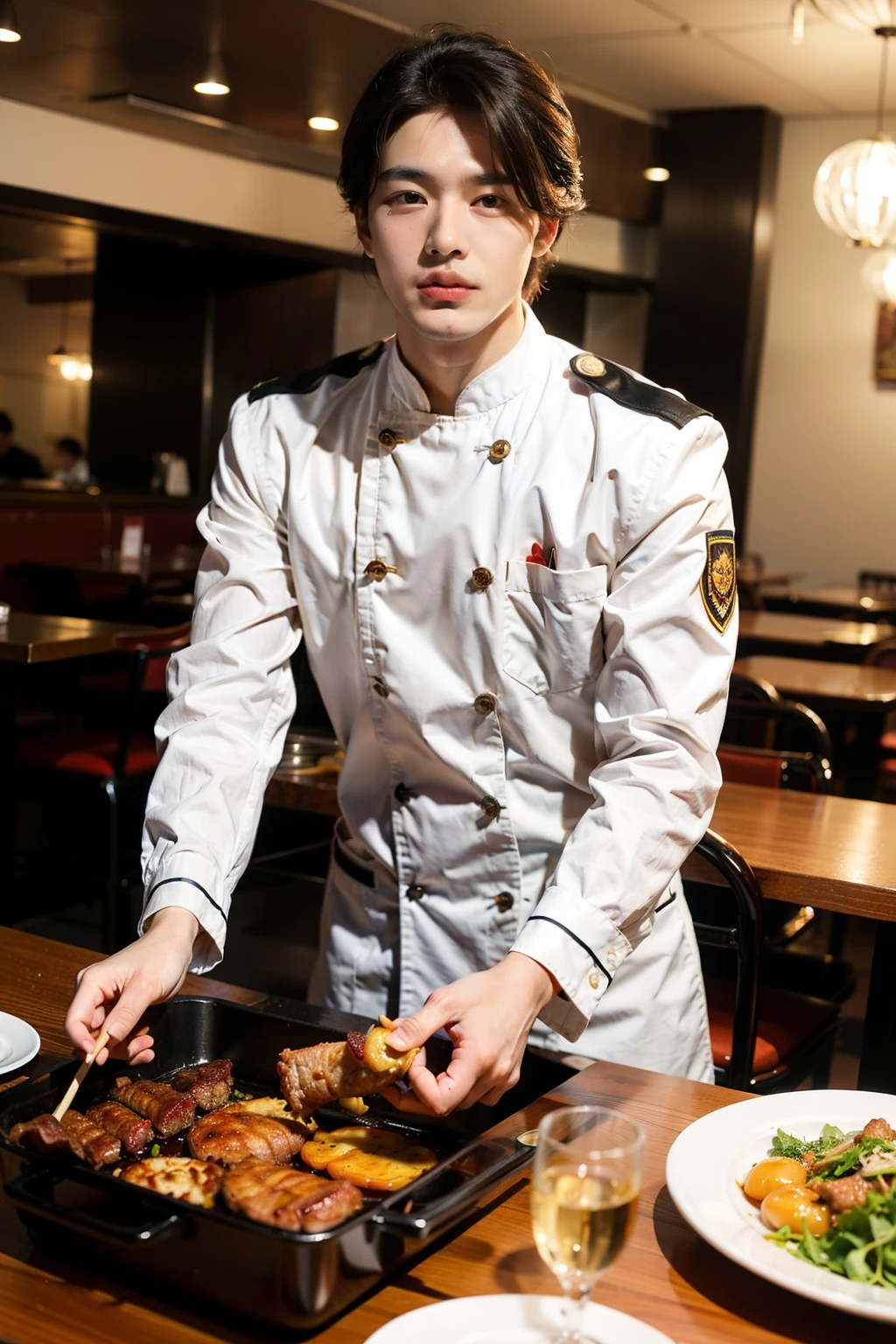 ((Best quality at best)), ((tmasterpiece)), (Detailed pubic hair), Handsome guy wearing long sleeve uniform,In the restaurant,Lamb barbecue ingredients