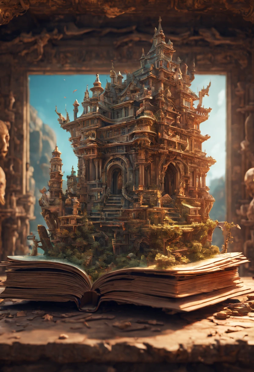 pop up book, Mysterious Ancient Relics, surrealistic, whimsical, ultra-wide-angle, octane render, enhance, intricate, (masterpiece, Representative work, official art, Professional, unity 8k wallpaper:1.3)